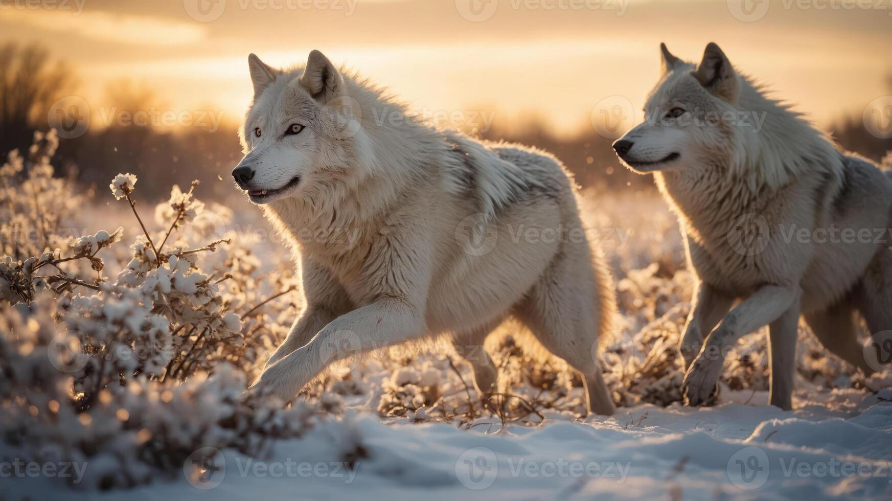 Two white wolves running through a snowy landscape at sunset. photo