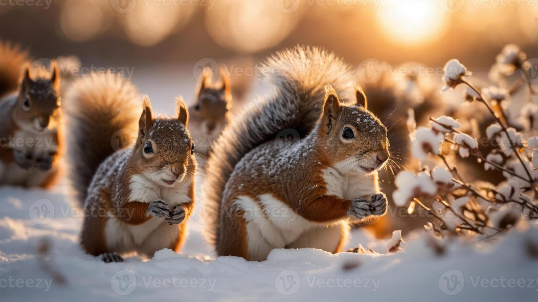 Squirrels foraging in a snowy landscape during sunset. photo