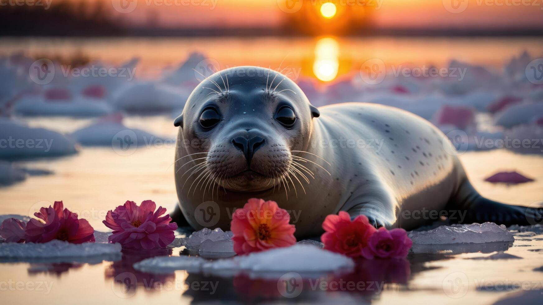 A serene seal surrounded by flowers and ice, basking in the sunset glow. photo