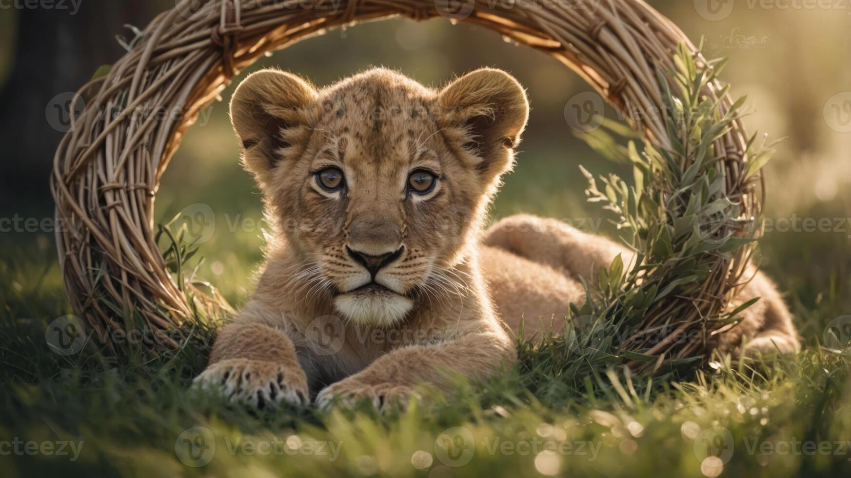 A young lion cub resting peacefully in a natural setting, framed by a woven circle. photo