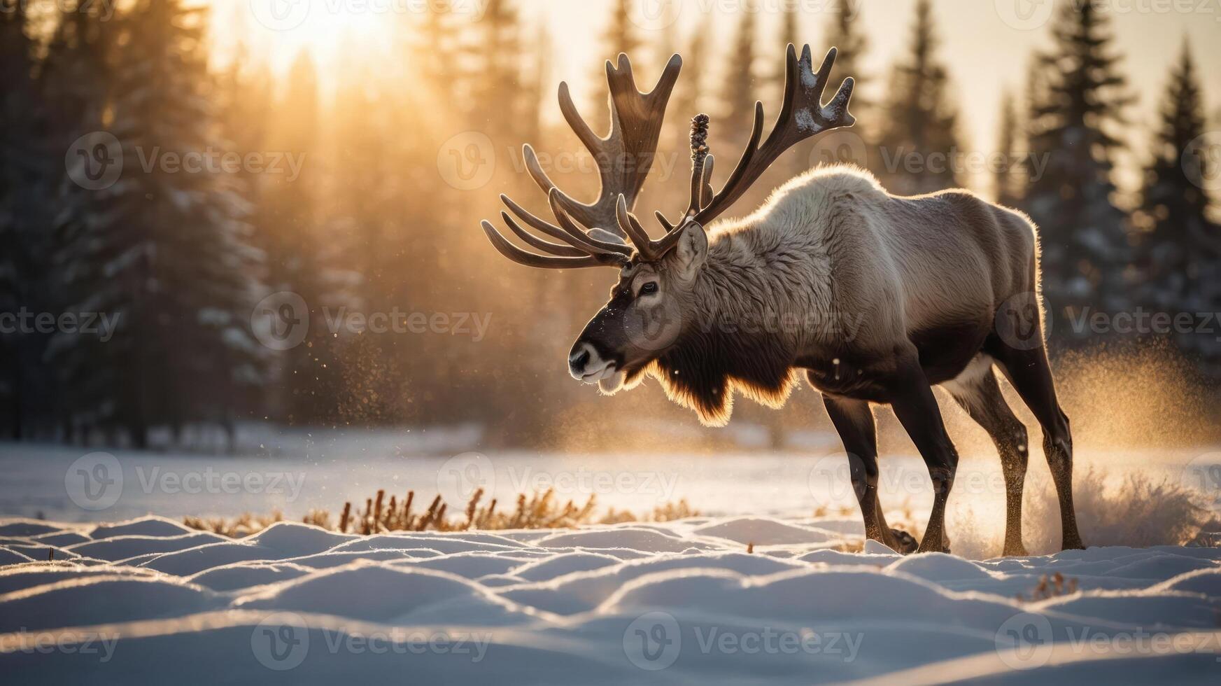 A majestic reindeer stands in a snowy landscape, illuminated by golden sunlight. photo