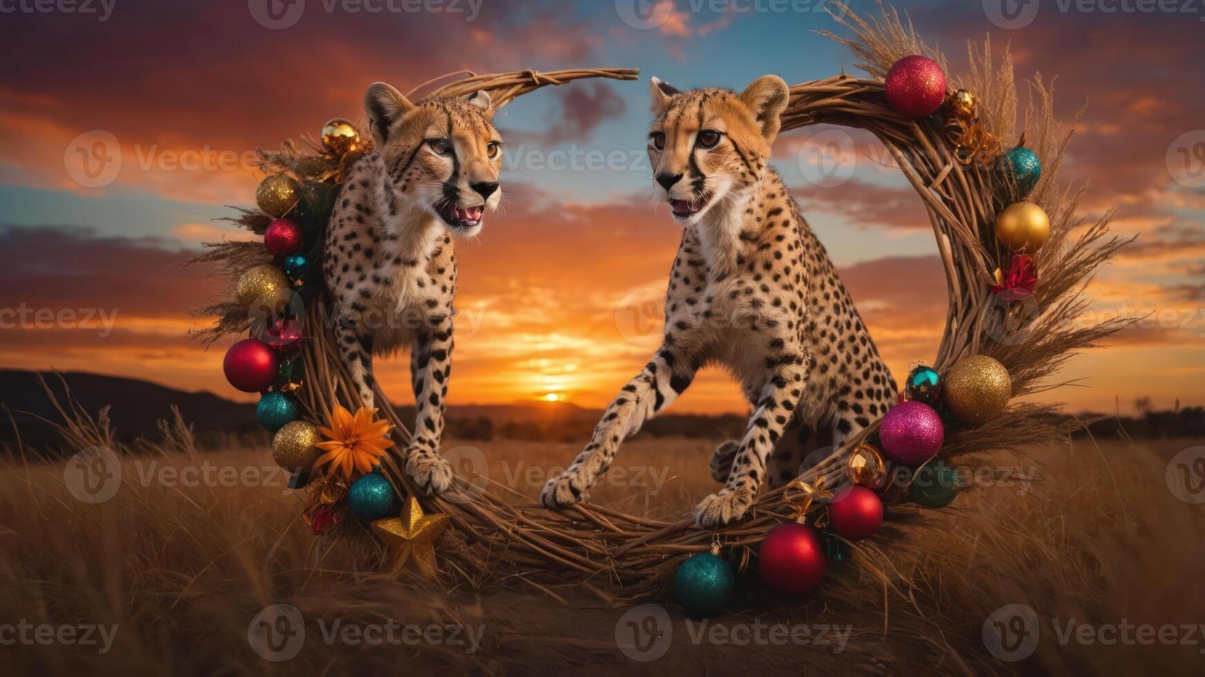 Two cheetahs framed by a festive wreath against a vibrant sunset backdrop. photo