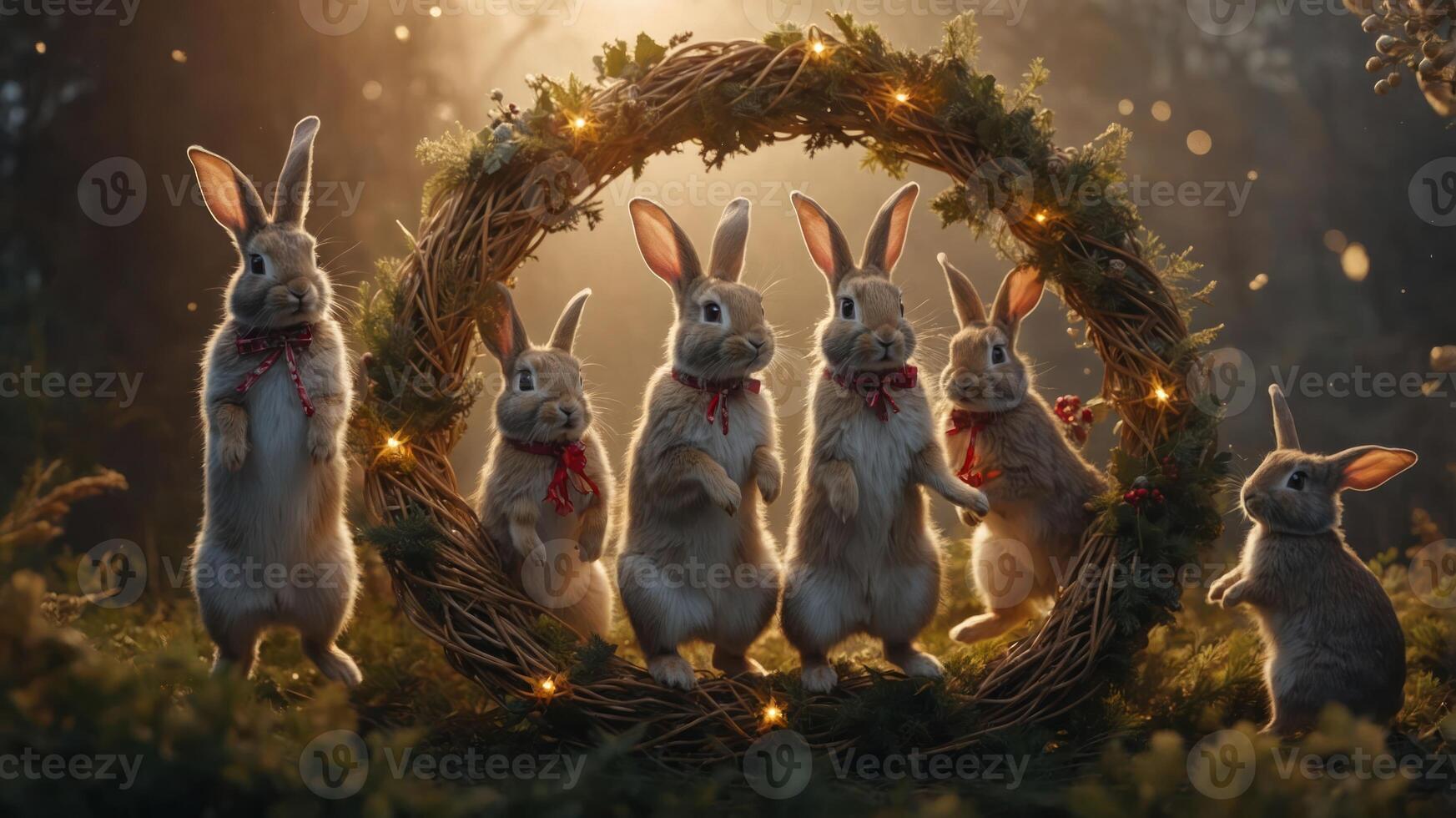 A group of rabbits surrounded by a festive wreath, creating a whimsical and joyful scene. photo