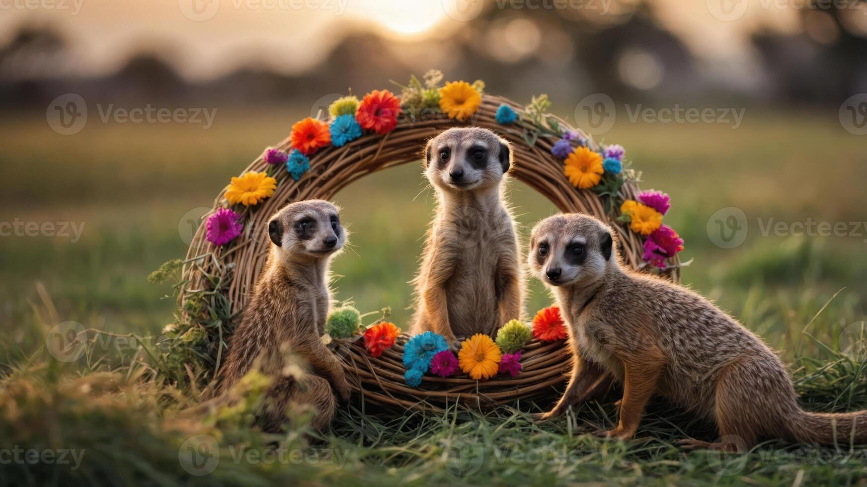 Three meerkats pose playfully in a floral wreath during sunset. photo