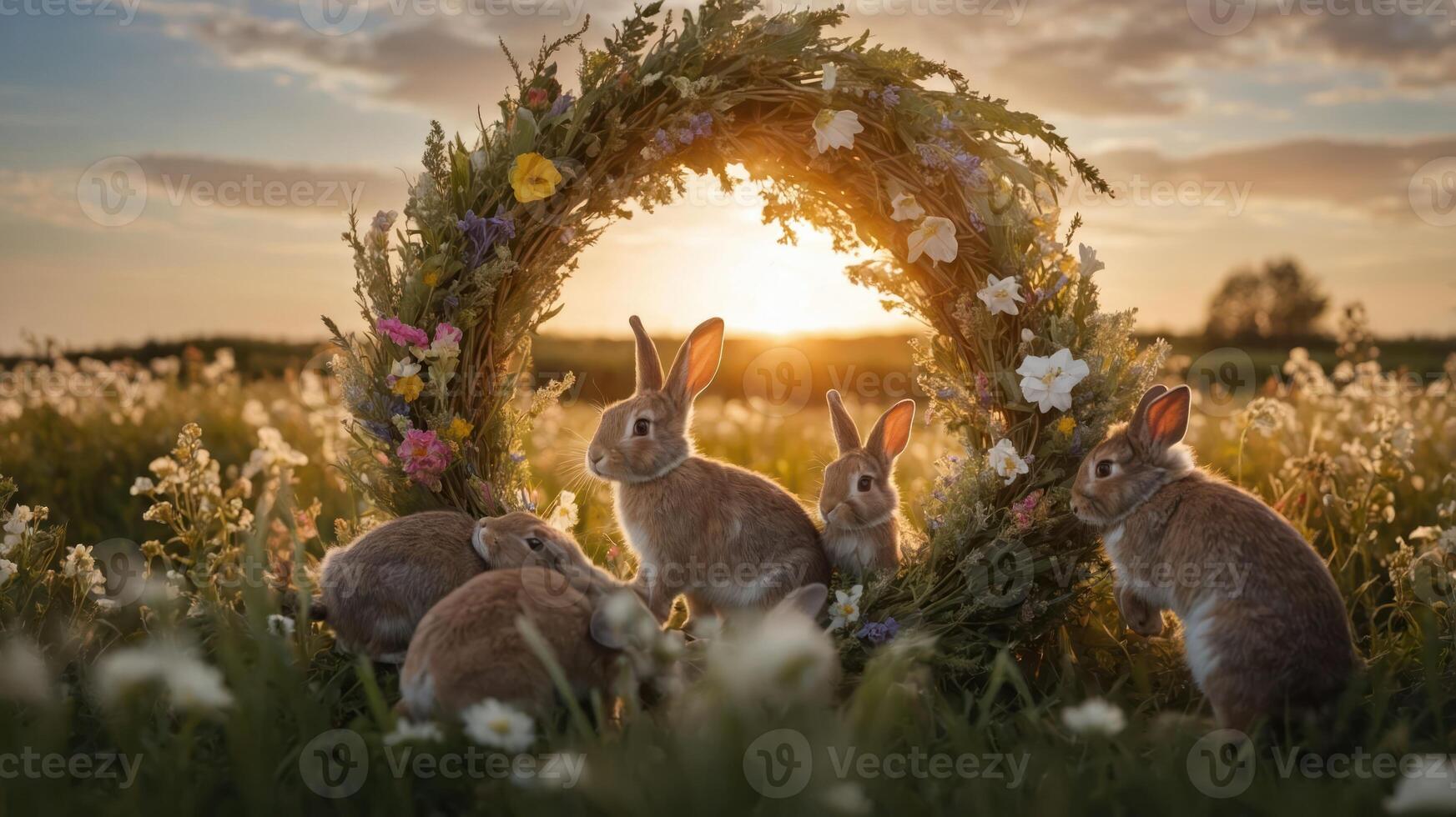 A serene scene of rabbits gathered around a floral arch during sunset in a grassy field. photo