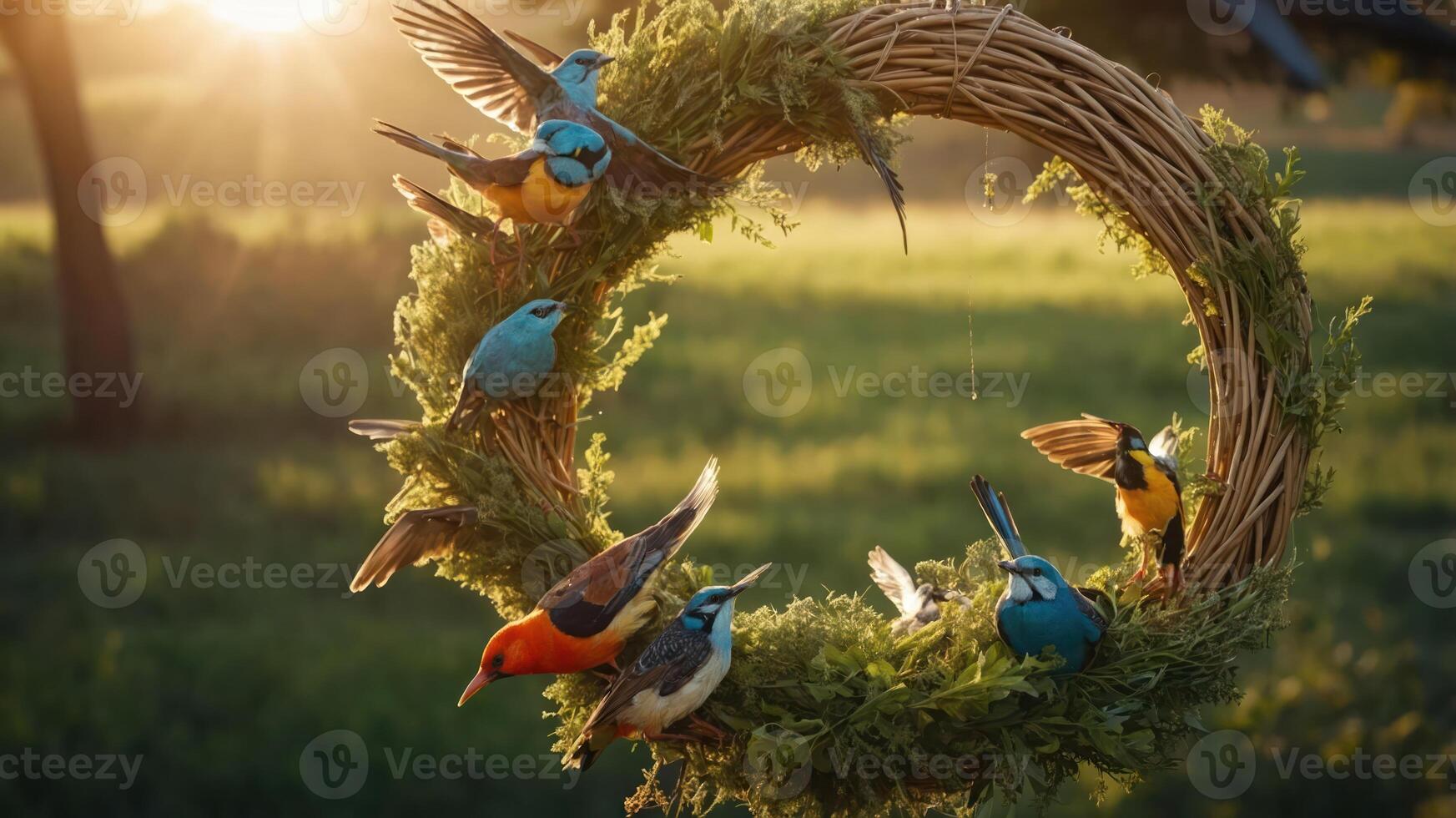 A decorative wreath with colorful birds in a natural setting during sunset. photo