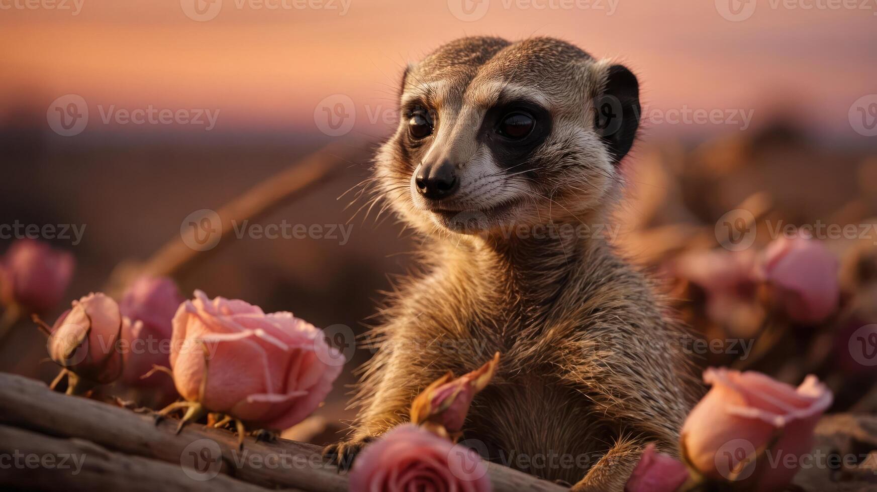A meerkat surrounded by pink roses at sunset, creating a serene and whimsical scene. photo