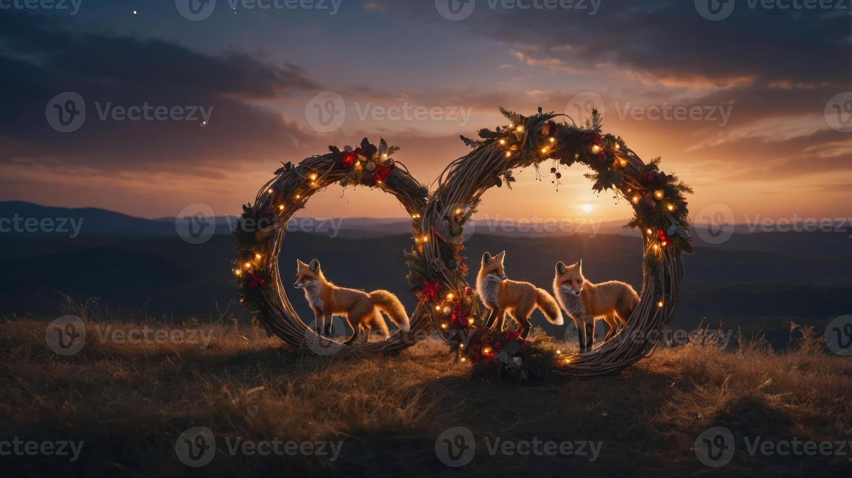 A whimsical scene featuring foxes in holiday wreaths against a sunset backdrop. photo
