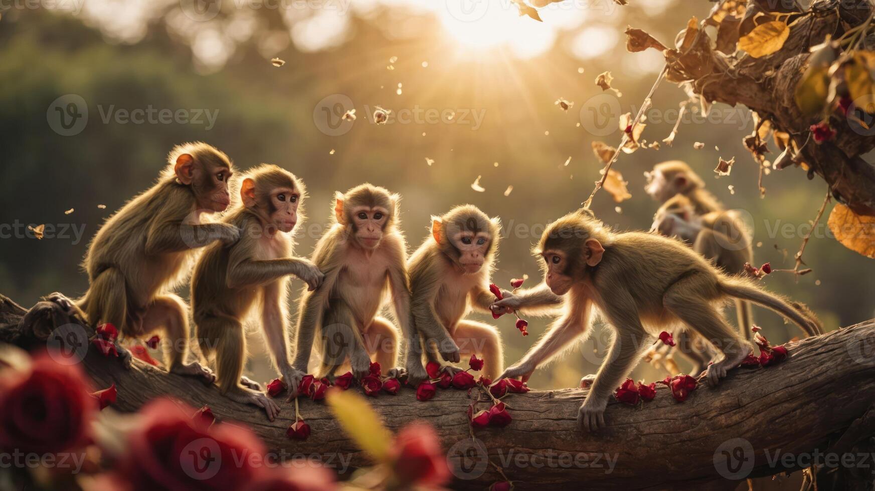 A group of playful monkeys gathered on a branch, surrounded by flowers and sunlight. photo