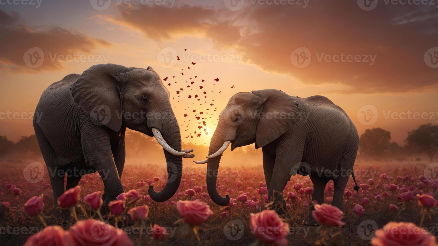 Two elephants amidst a field of roses at sunset, creating a serene and enchanting scene. photo
