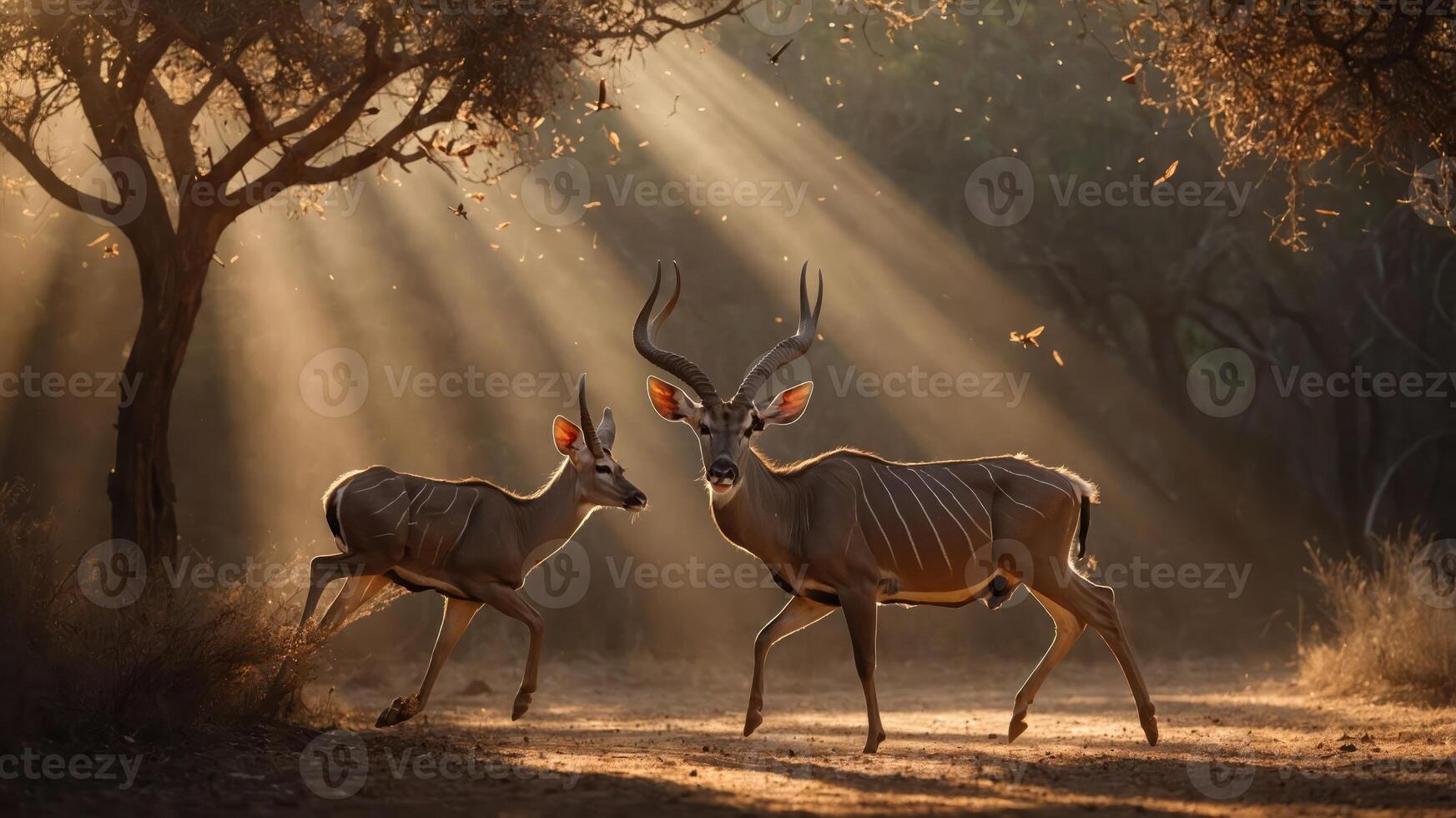 Two kudu antelopes in a sunlit forest, showcasing nature's beauty. photo