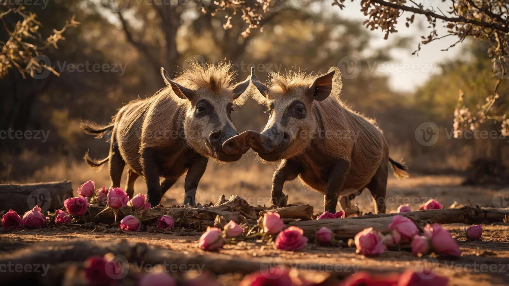 Two warthogs playfully interacting amidst scattered pink roses in a natural setting. photo