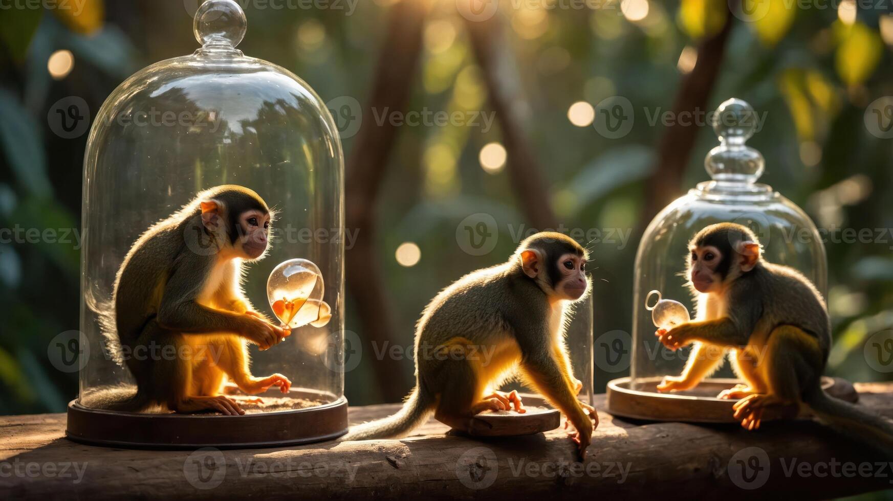 Three monkeys inside glass domes, interacting with bubbles in a lush, sunlit environment. photo