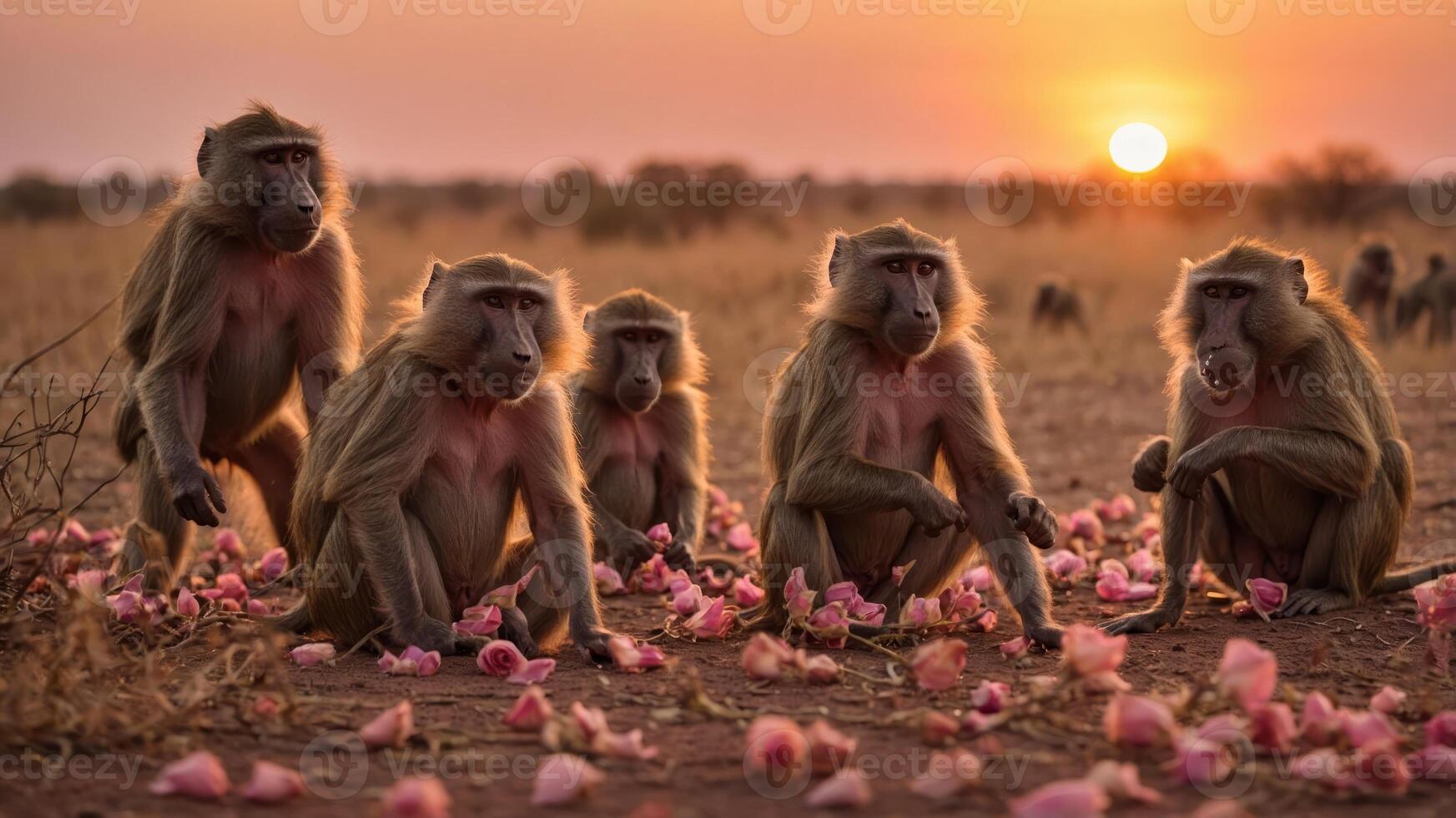 A group of baboons sitting among flower petals during sunset in a natural landscape. photo
