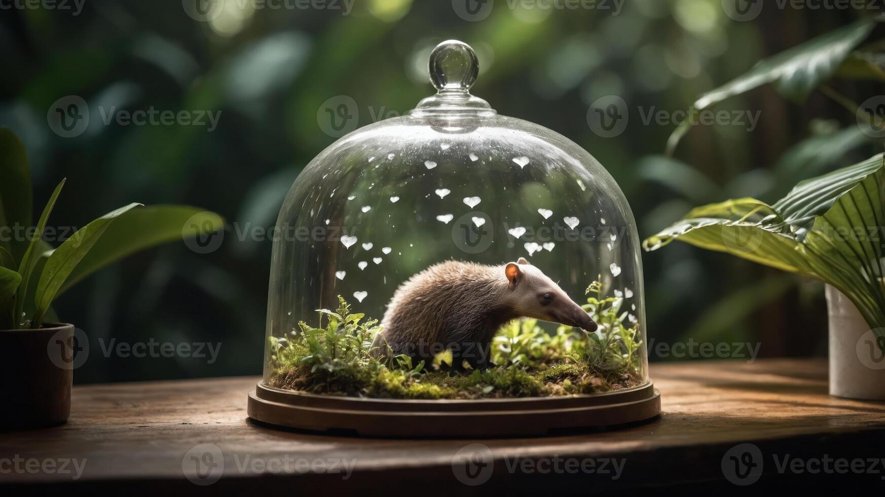 A small animal under a glass dome surrounded by greenery and hearts, creating a whimsical scene. photo