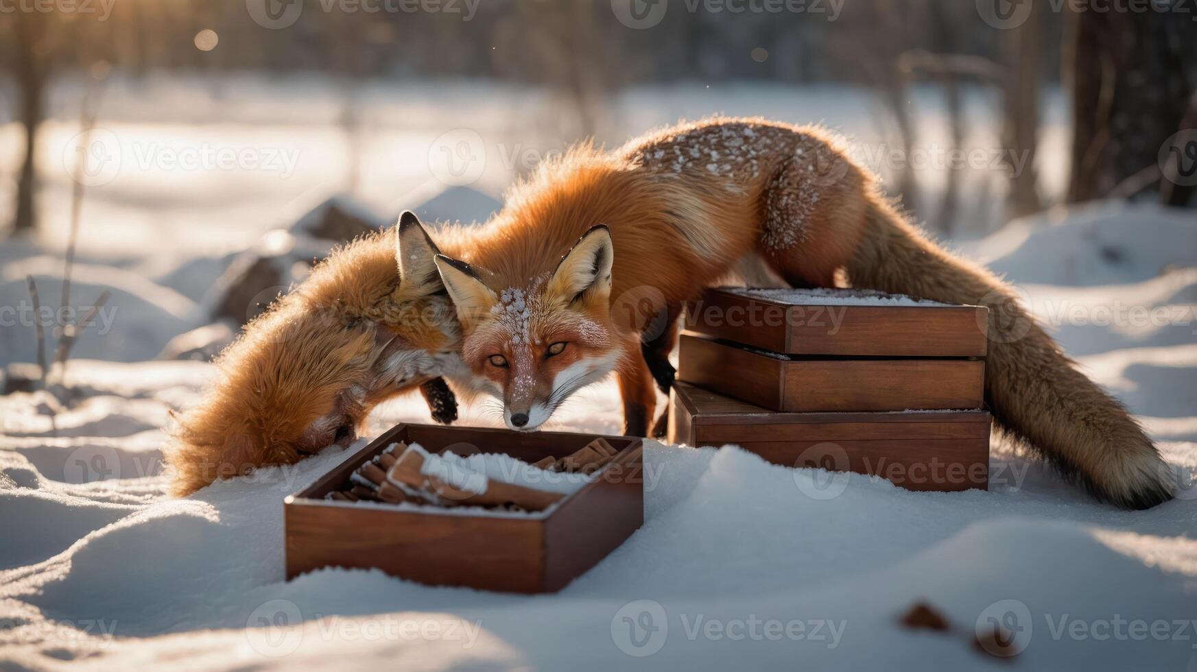 Two red foxes exploring a wooden box in a snowy landscape. photo