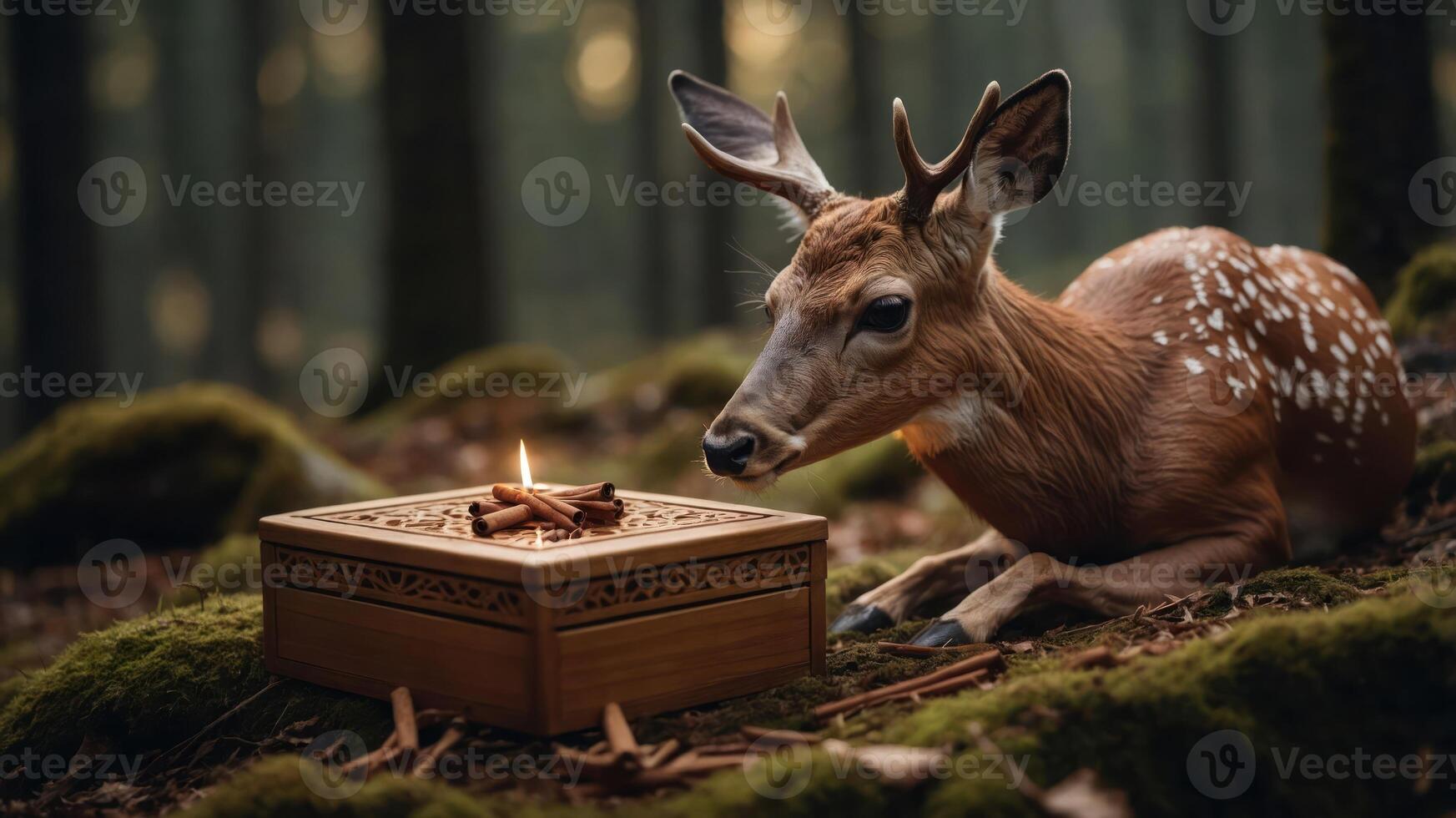 A deer curiously approaches a wooden box with a candle in a serene forest setting. photo