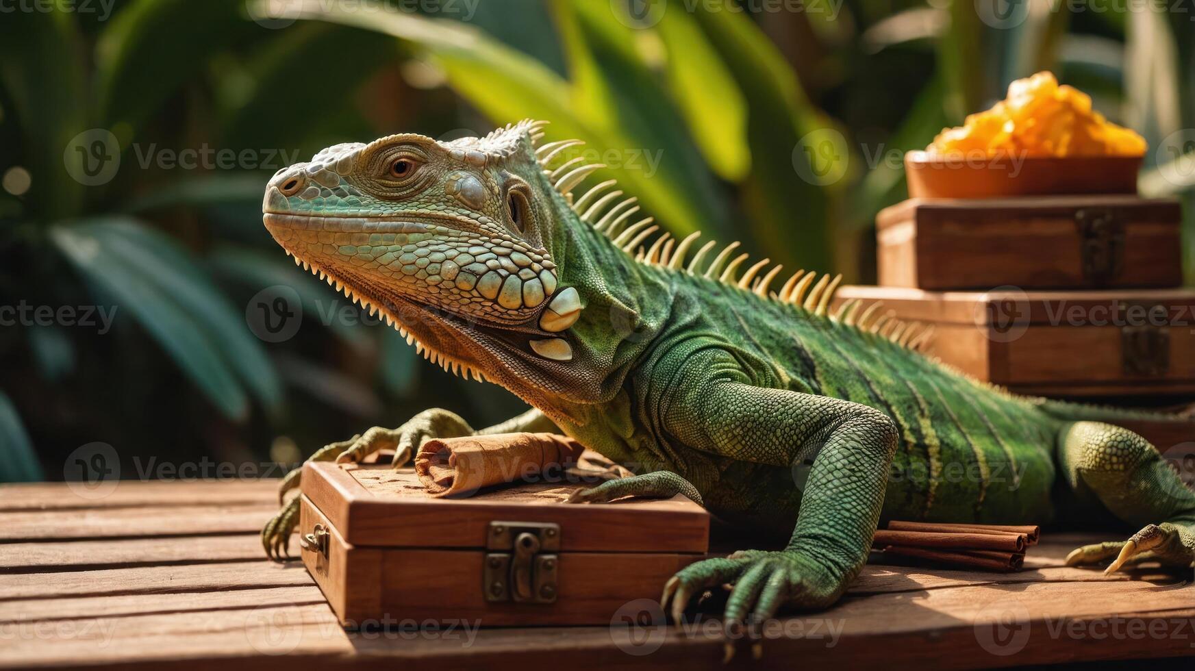 A green iguana resting on a wooden box with tropical foliage in the background. photo