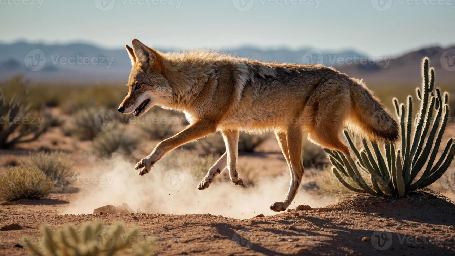 A coyote leaps playfully across a sandy desert landscape, surrounded by sparse vegetation. photo