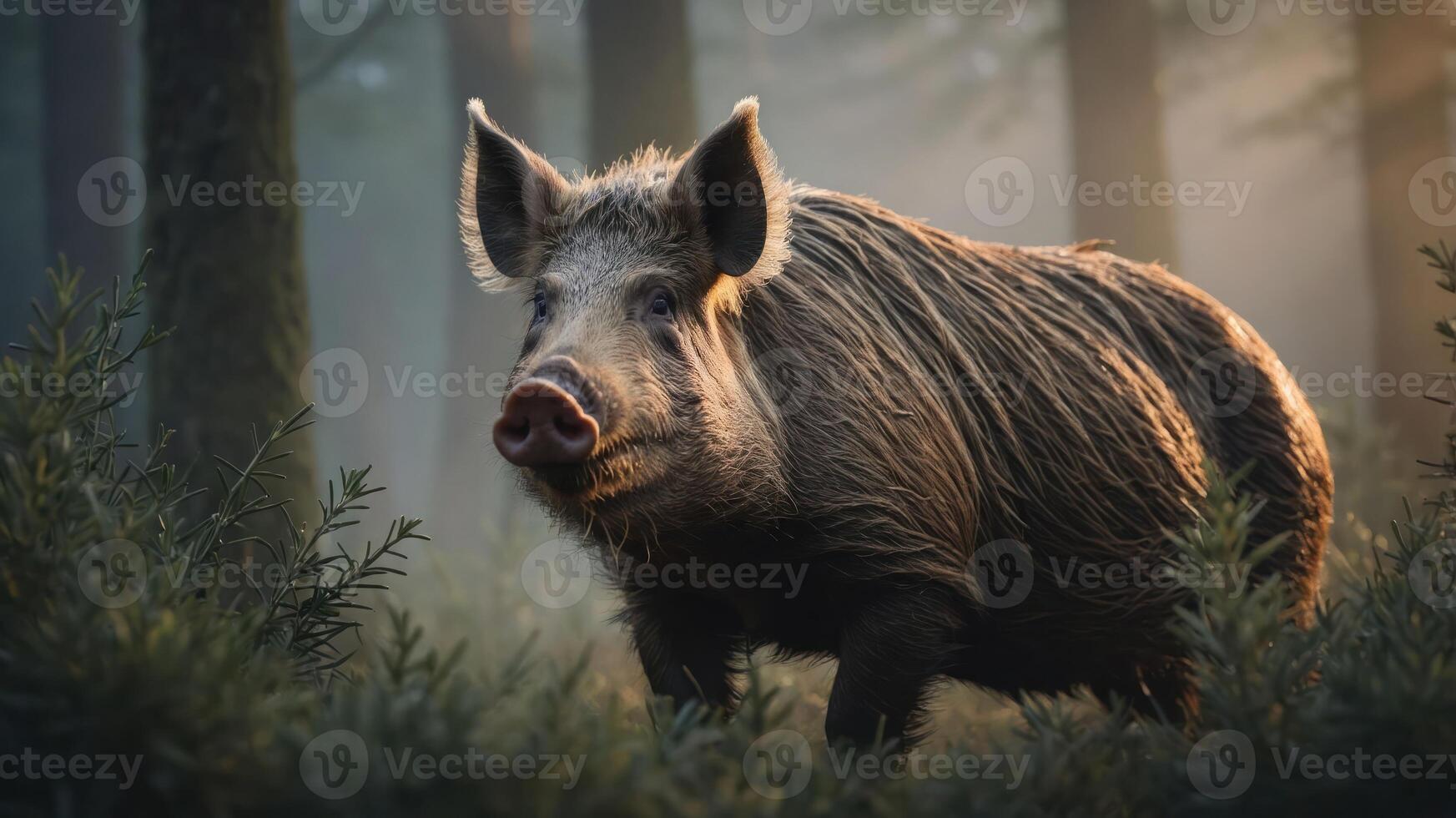 A wild boar stands amidst a misty forest, illuminated by soft light. photo