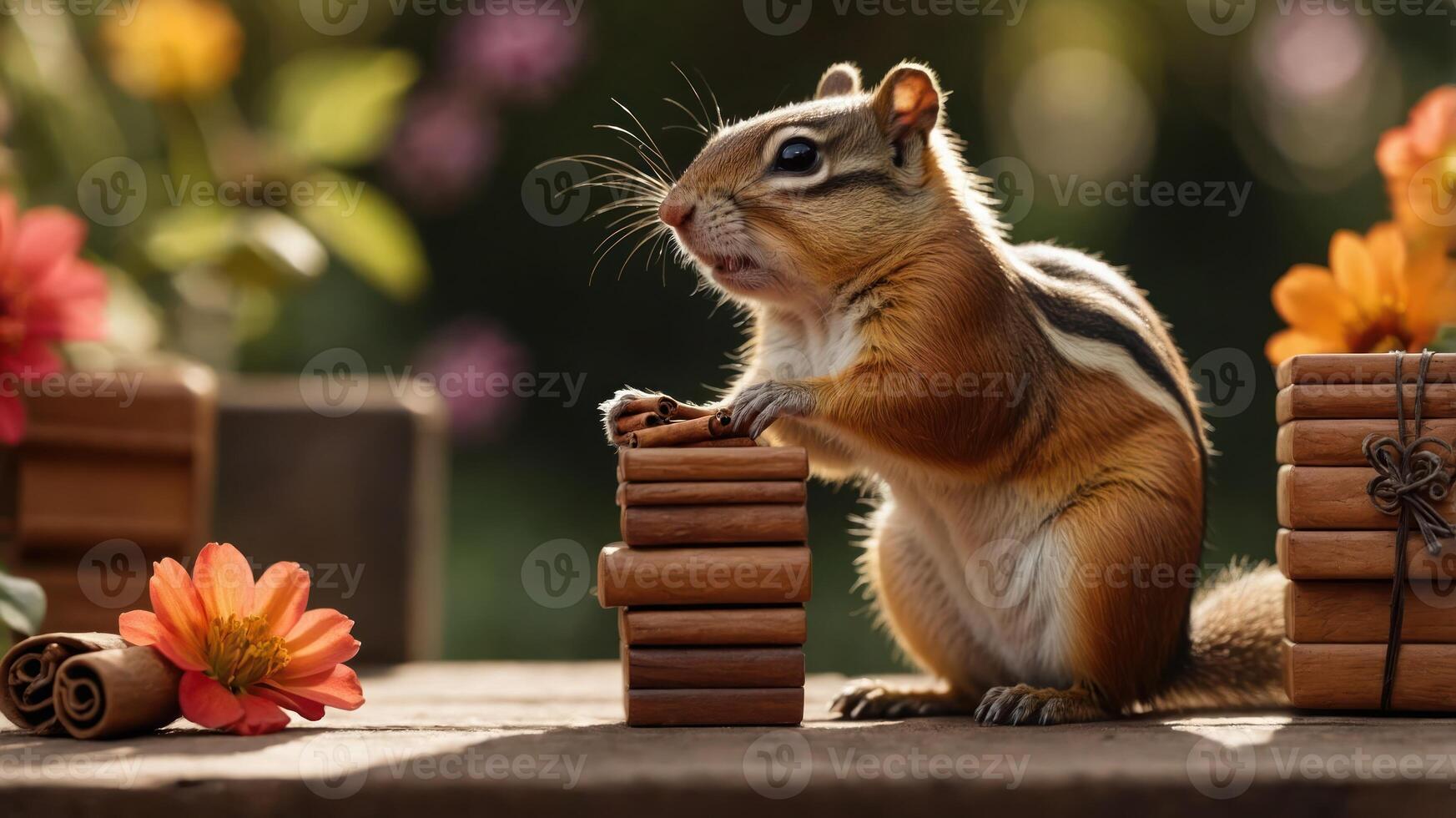 A chipmunk stands on a stack of books surrounded by colorful flowers in a serene setting. photo