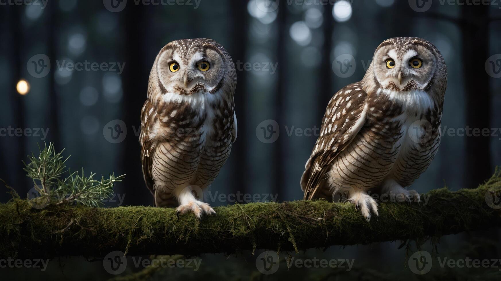 Two owls perched on a mossy branch in a forest setting. photo