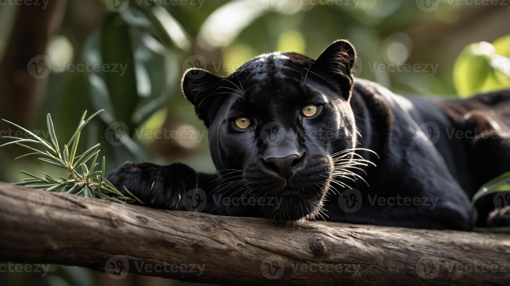 A close-up of a black panther resting on a branch amidst lush greenery. photo