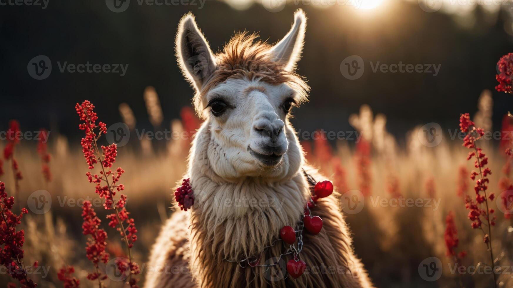 A llama adorned with red decorations stands amidst tall grass and flowers during sunset. photo