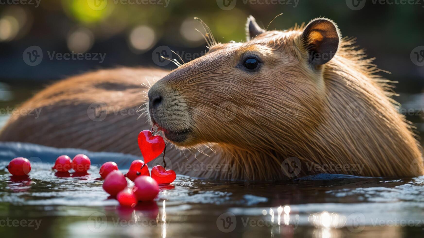 A capybara in water surrounded by red berries, creating a whimsical and playful scene. photo