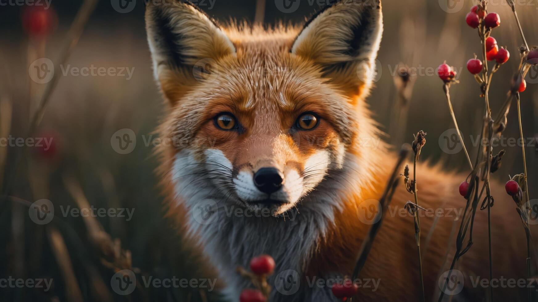 A close-up portrait of a fox amidst tall grass and red berries, capturing nature's beauty. photo
