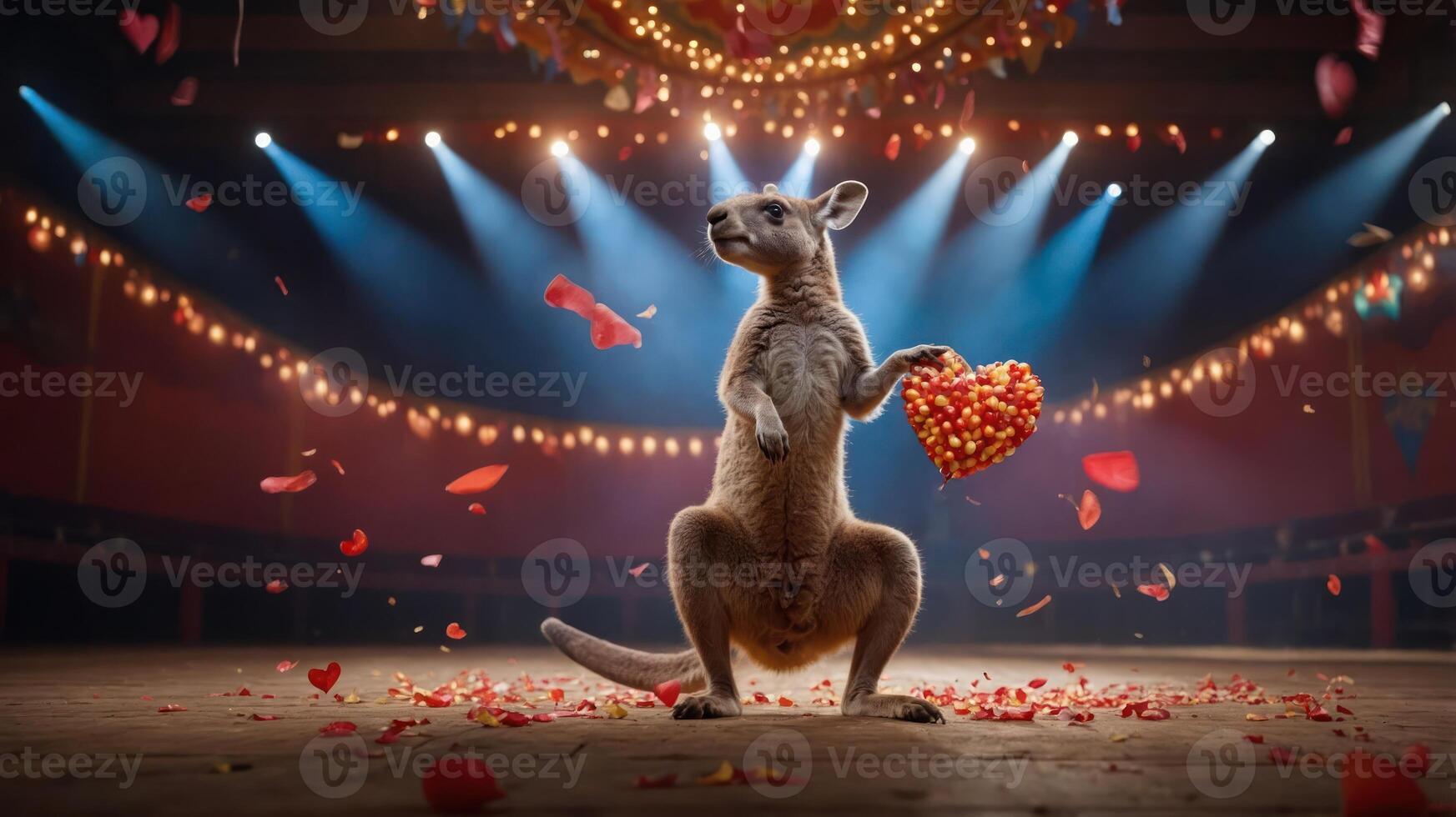 A kangaroo holds a heart-shaped object amidst a festive, colorful circus setting. photo