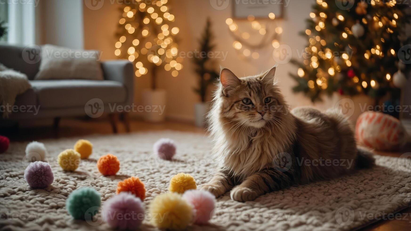 A cozy indoor scene featuring a cat surrounded by colorful pom-poms and festive decorations. photo