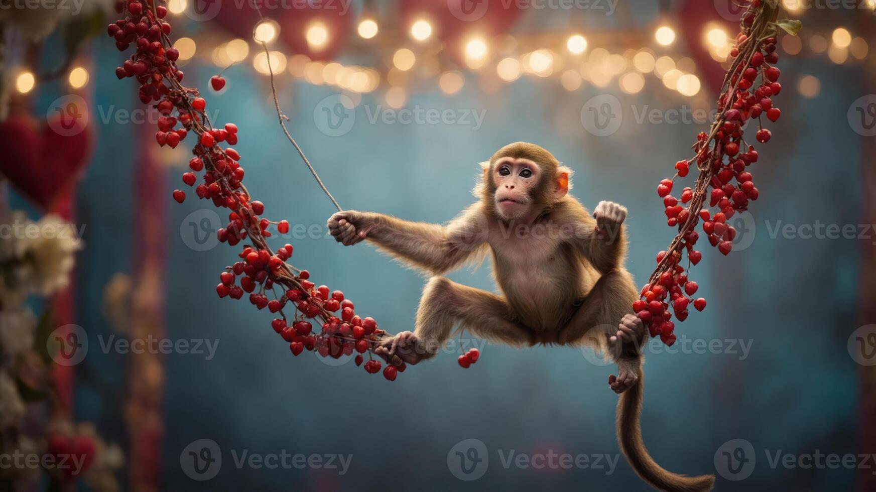 A playful monkey swings on a vine adorned with red berries, set in a whimsical background. photo