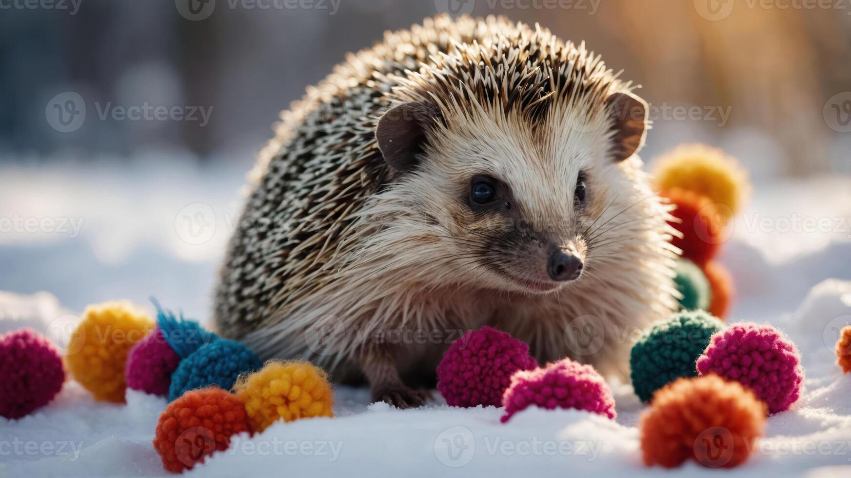 A hedgehog surrounded by colorful pom-poms on a snowy surface. photo