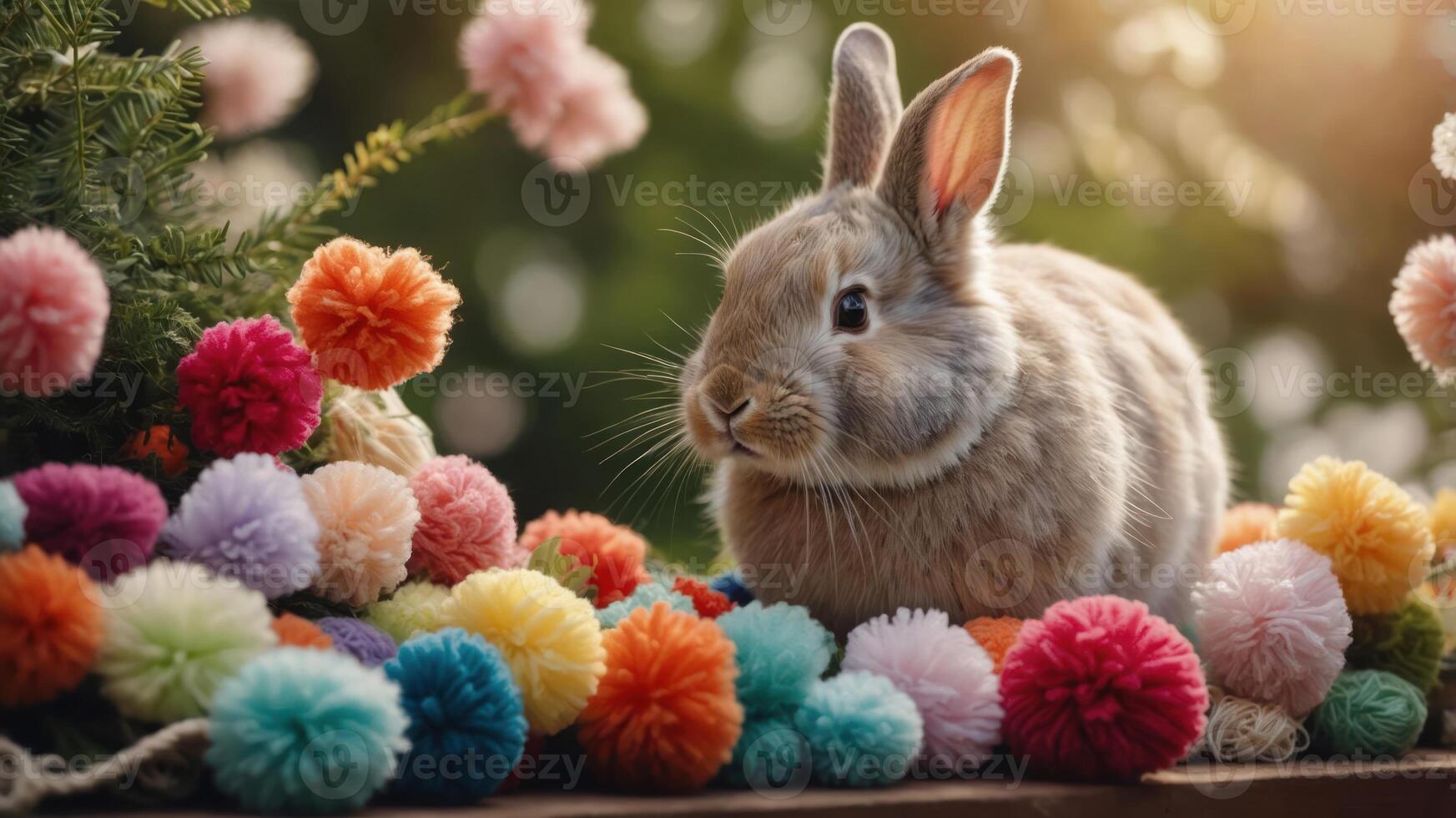 A cute rabbit surrounded by colorful pom-poms in a vibrant outdoor setting. photo
