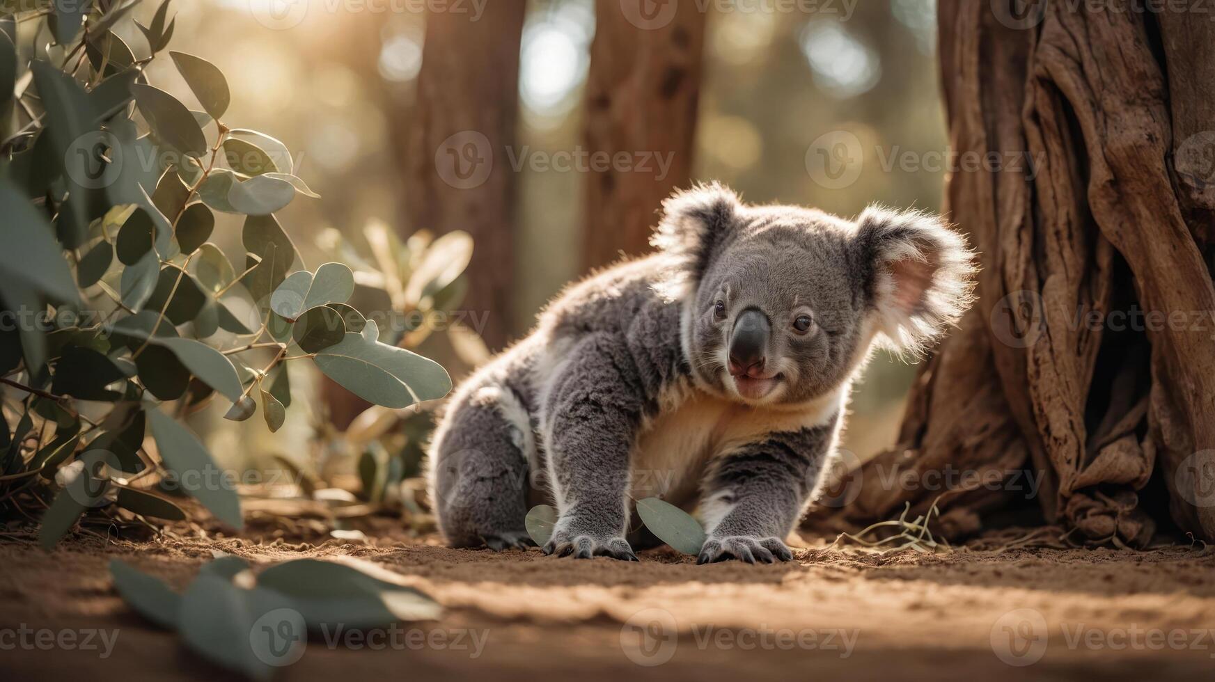 A koala sits on the ground near a tree, surrounded by greenery in a natural setting. photo