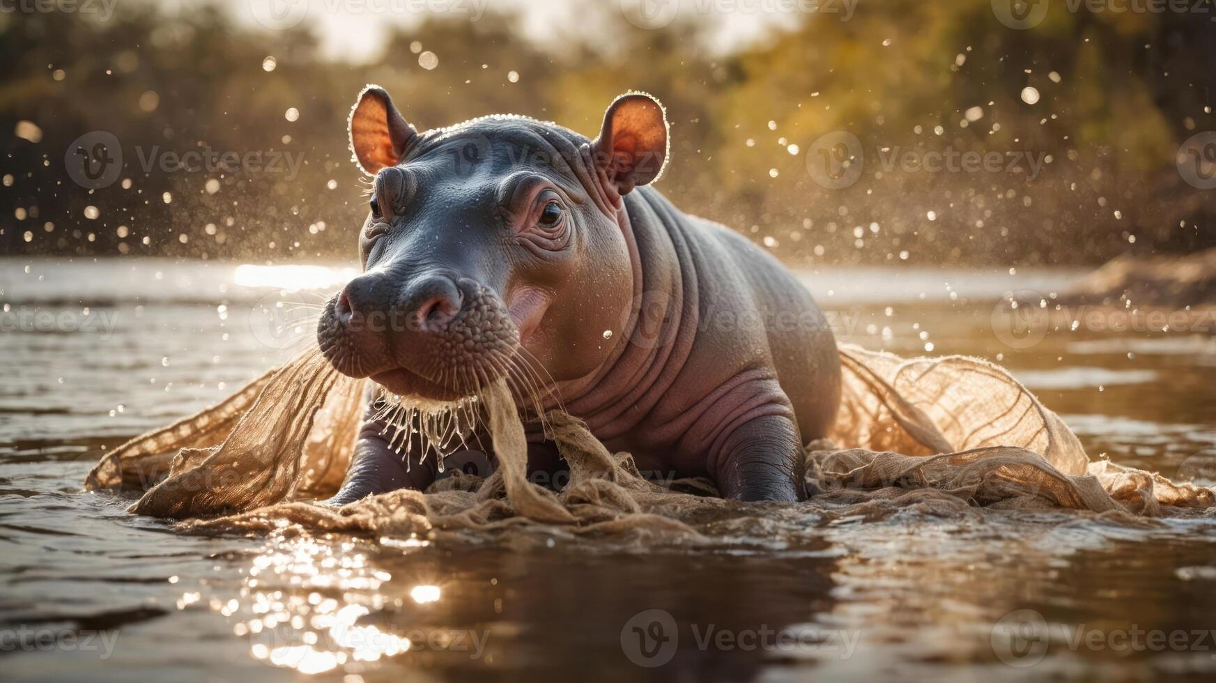 A young hippopotamus wades through a river, creating splashes in the warm sunlight. photo