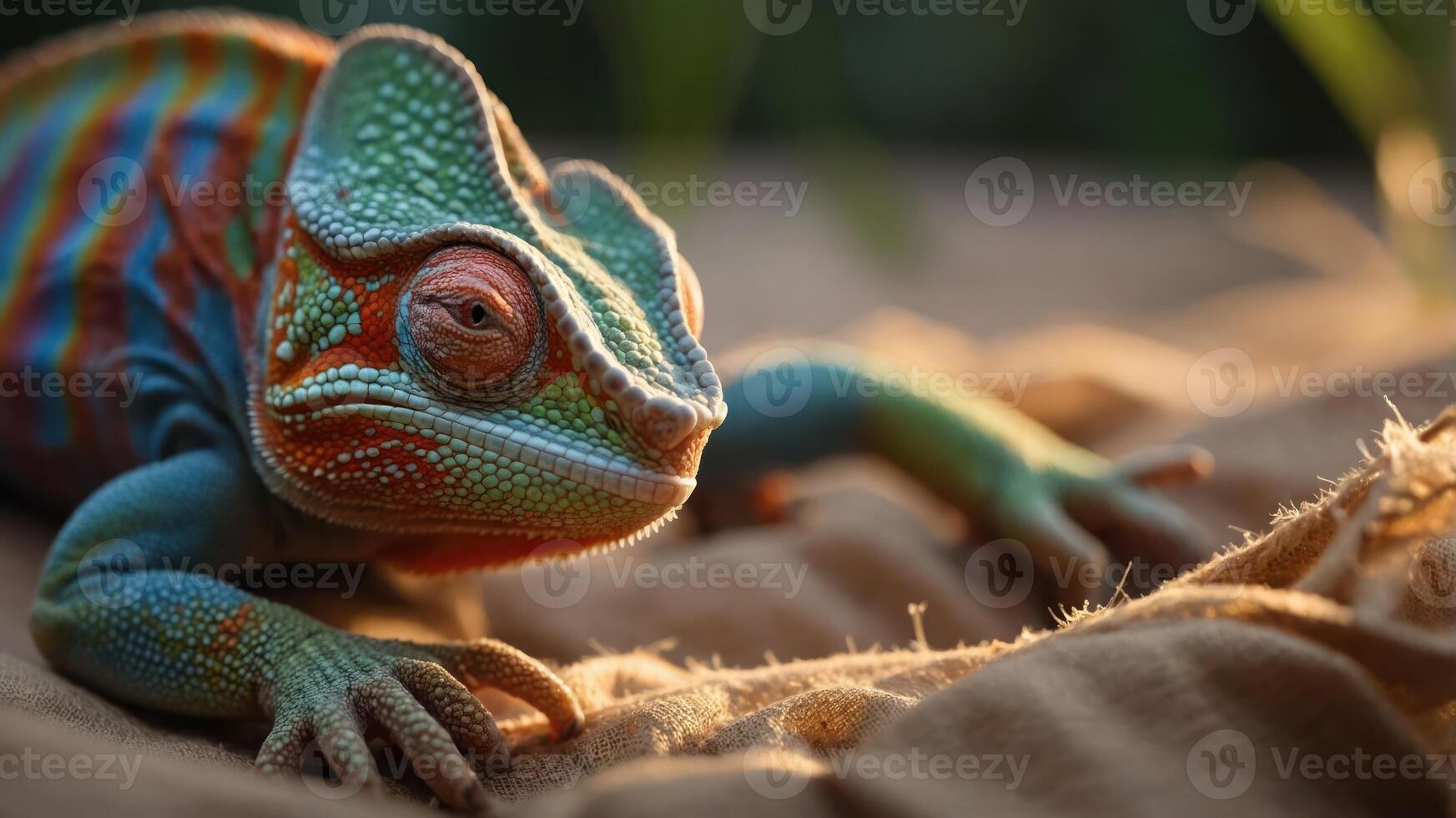 A colorful chameleon resting on a textured surface in natural light. photo