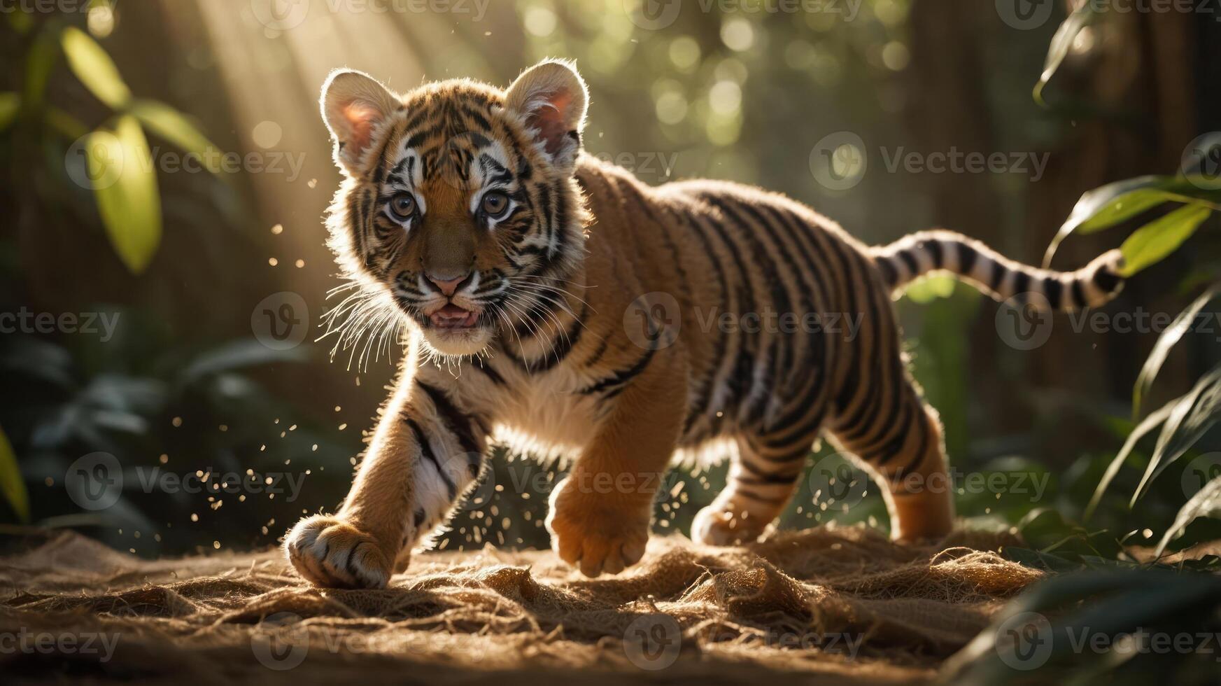 A playful tiger cub running through a sunlit jungle, capturing the essence of wildlife. photo