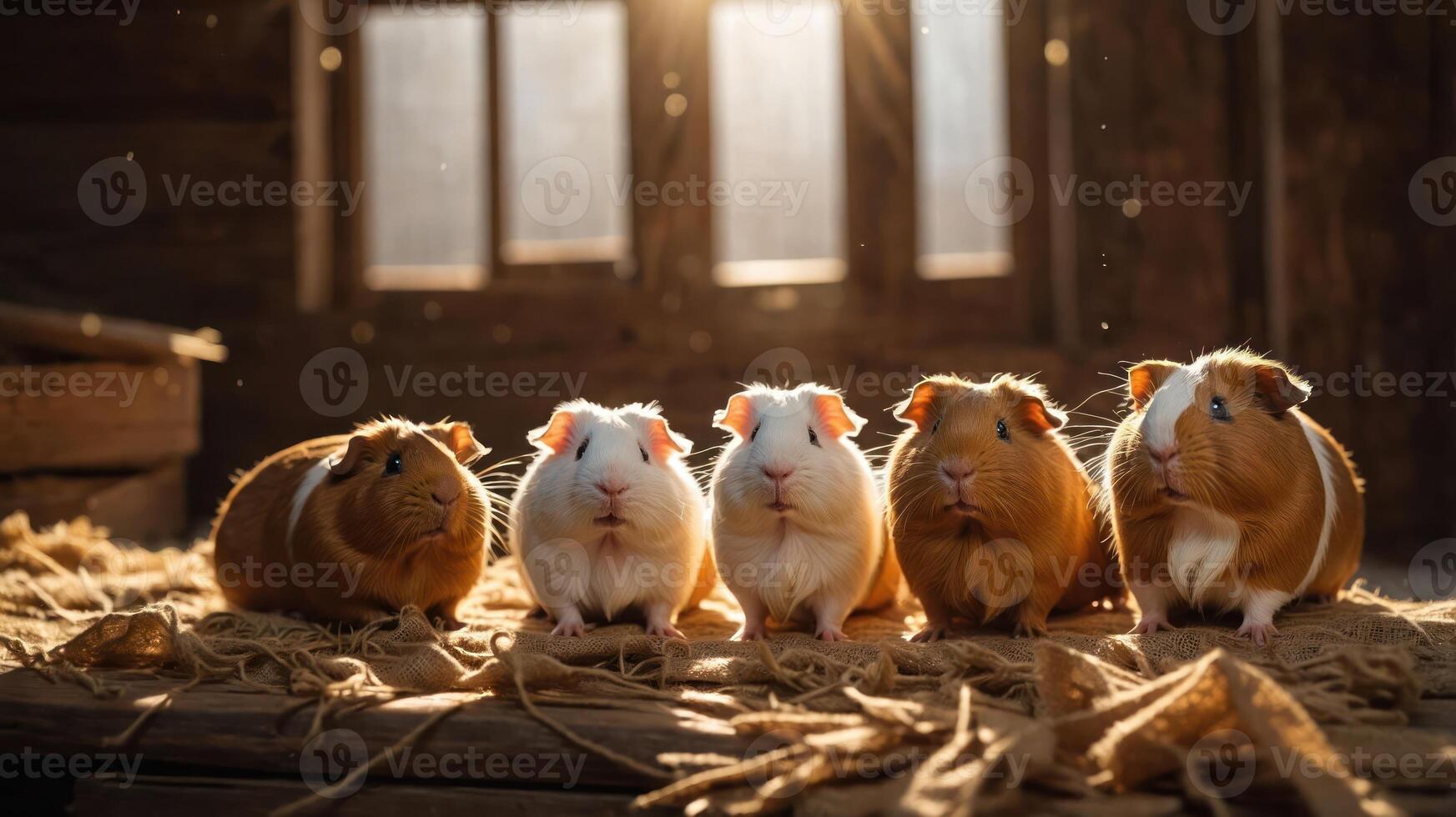 Five guinea pigs sitting together on a rustic surface with soft lighting. photo