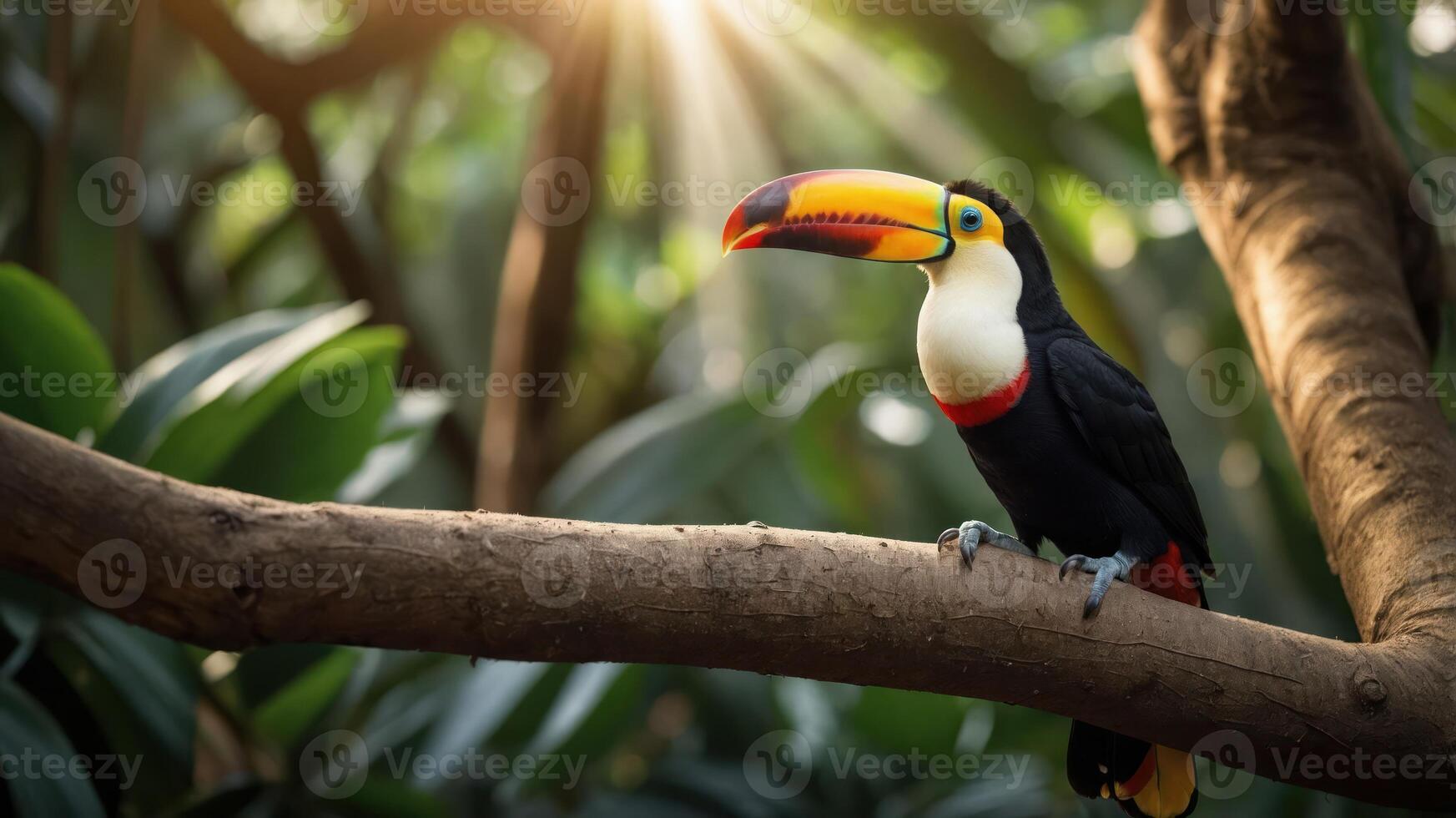 A vibrant toucan perched on a branch in a lush, green environment. photo