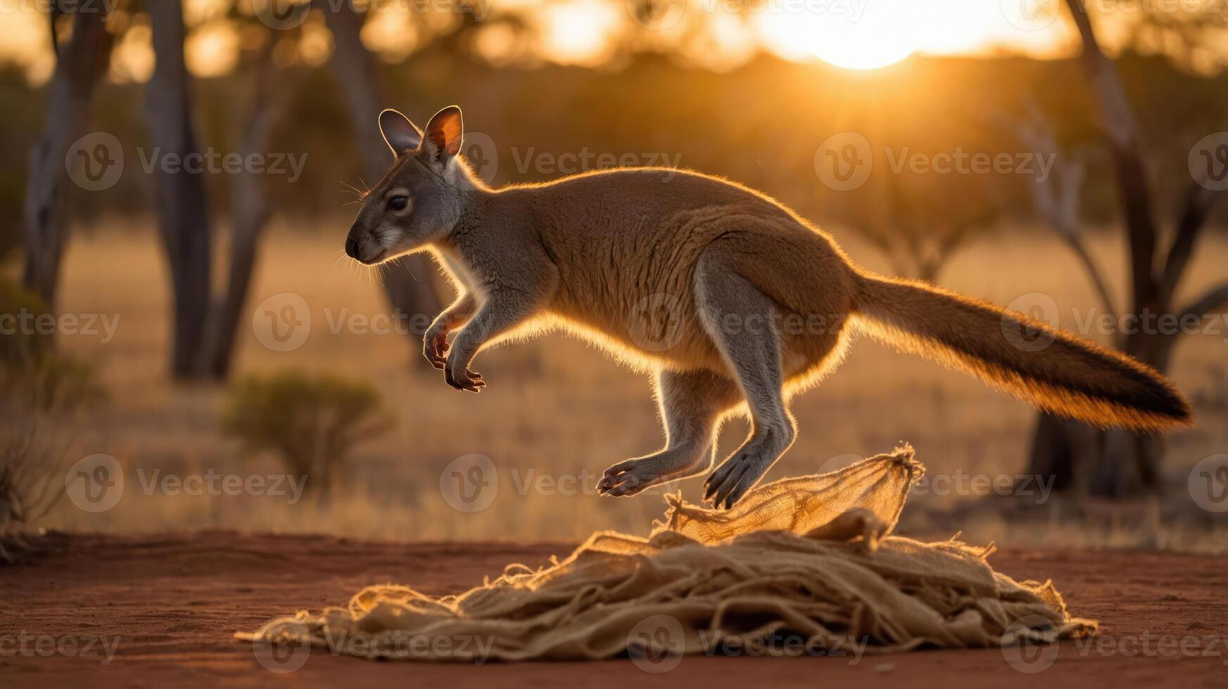 A kangaroo leaping over a soft surface during sunset in a natural landscape. photo