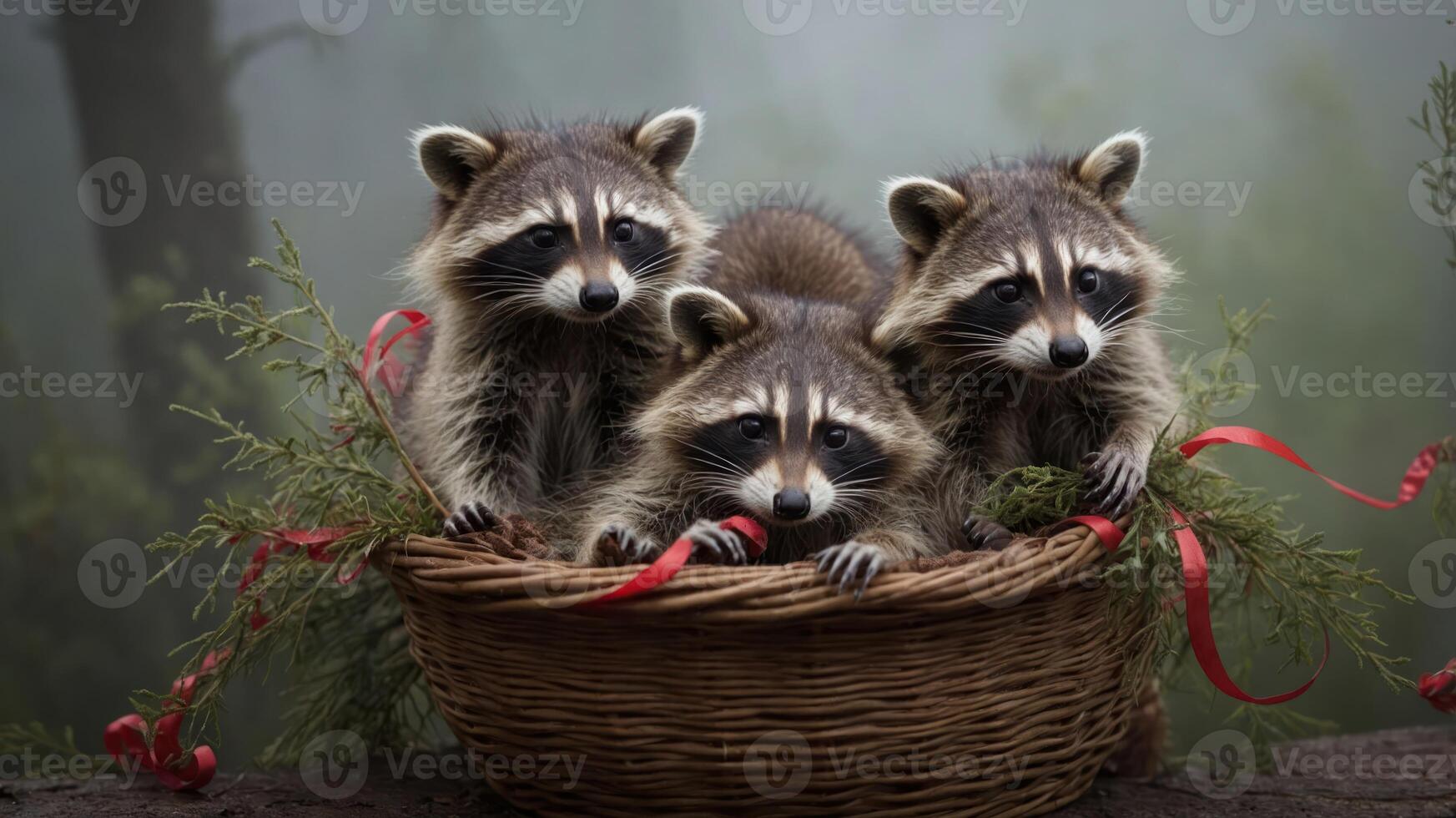 Three playful raccoons nestled in a woven basket, surrounded by greenery and ribbons. photo