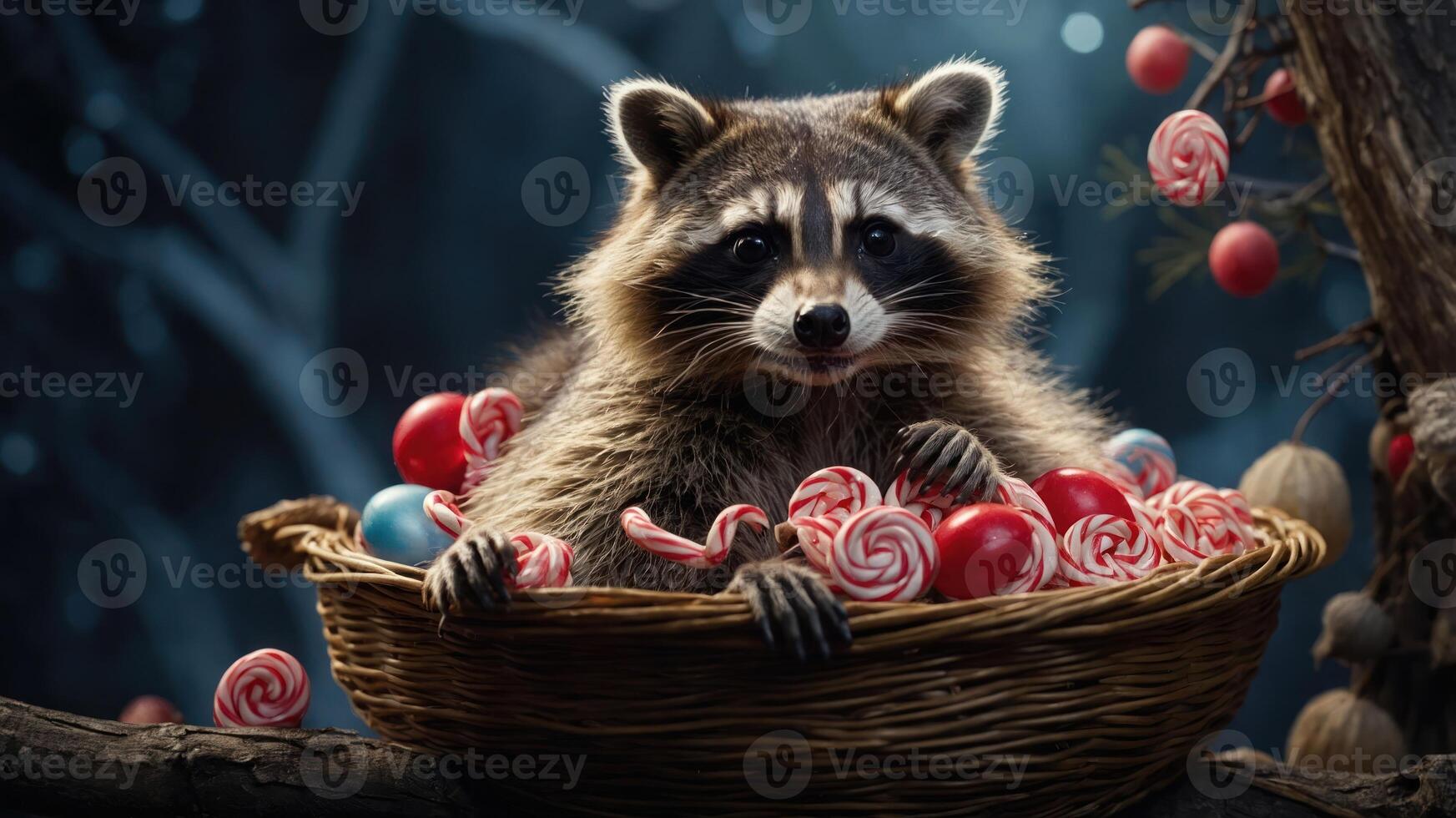 A raccoon sitting in a basket filled with colorful candies in a forest setting. photo