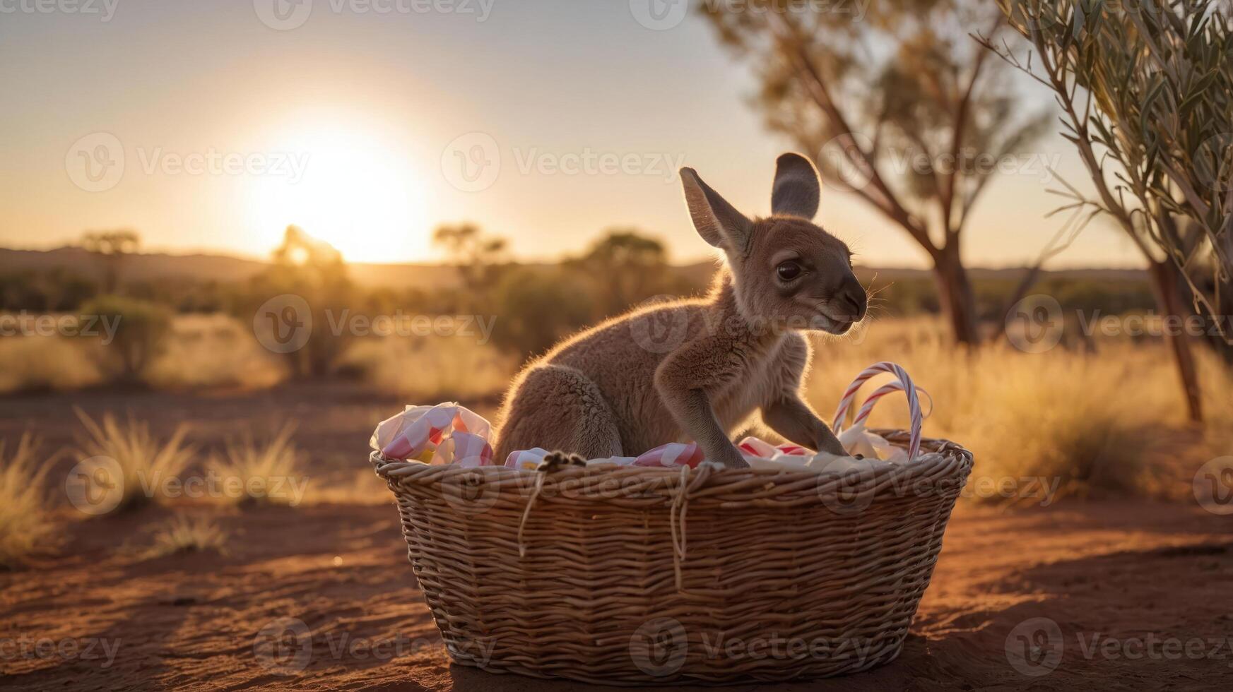 A kangaroo joey nestled in a woven basket during a sunset in a natural landscape. photo