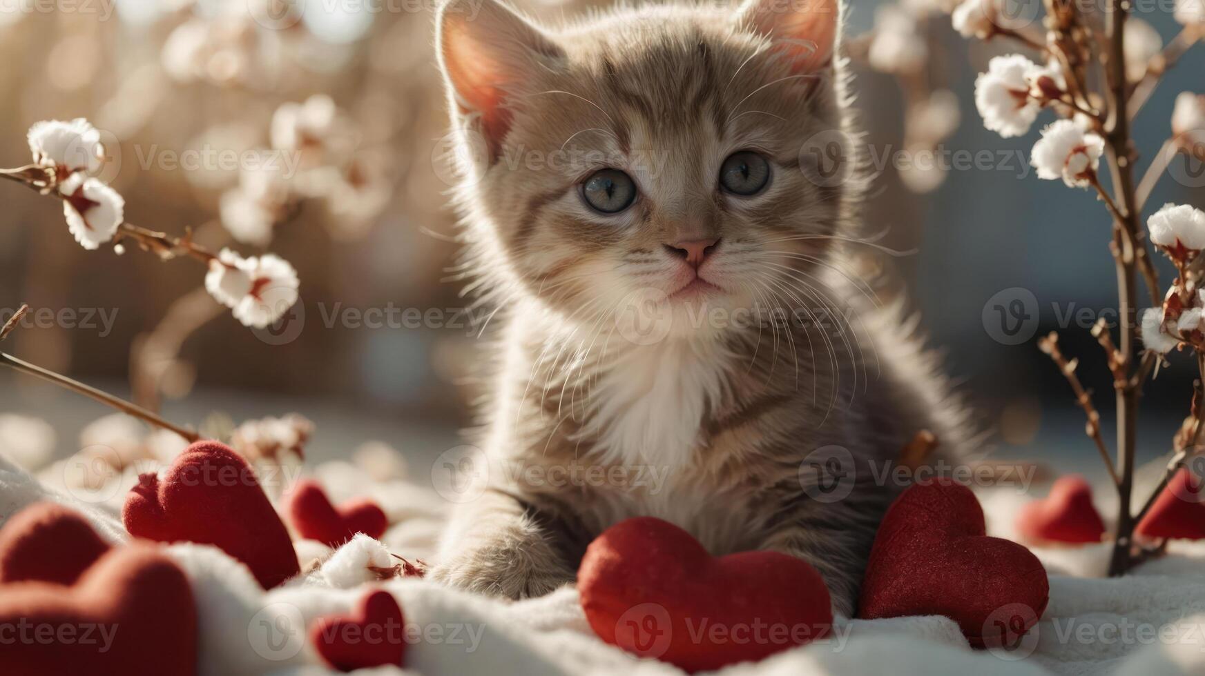 A cute kitten surrounded by heart-shaped decorations, evoking love and warmth. photo