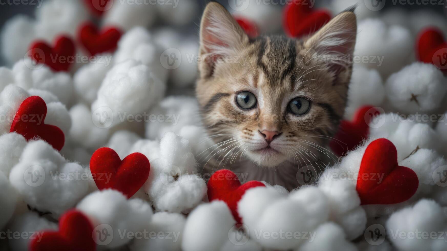 A playful kitten surrounded by soft cotton and red hearts, evoking warmth and affection. photo