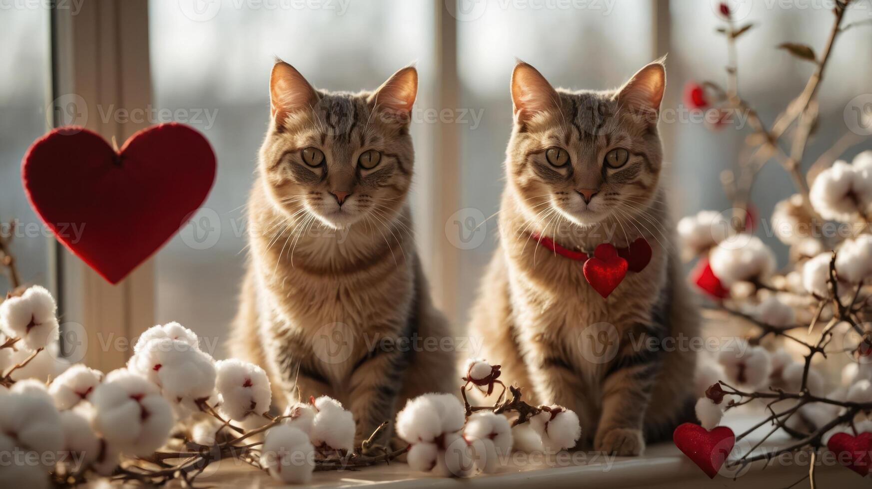 Two cats with heart decorations surrounded by cotton, creating a cozy, romantic atmosphere. photo