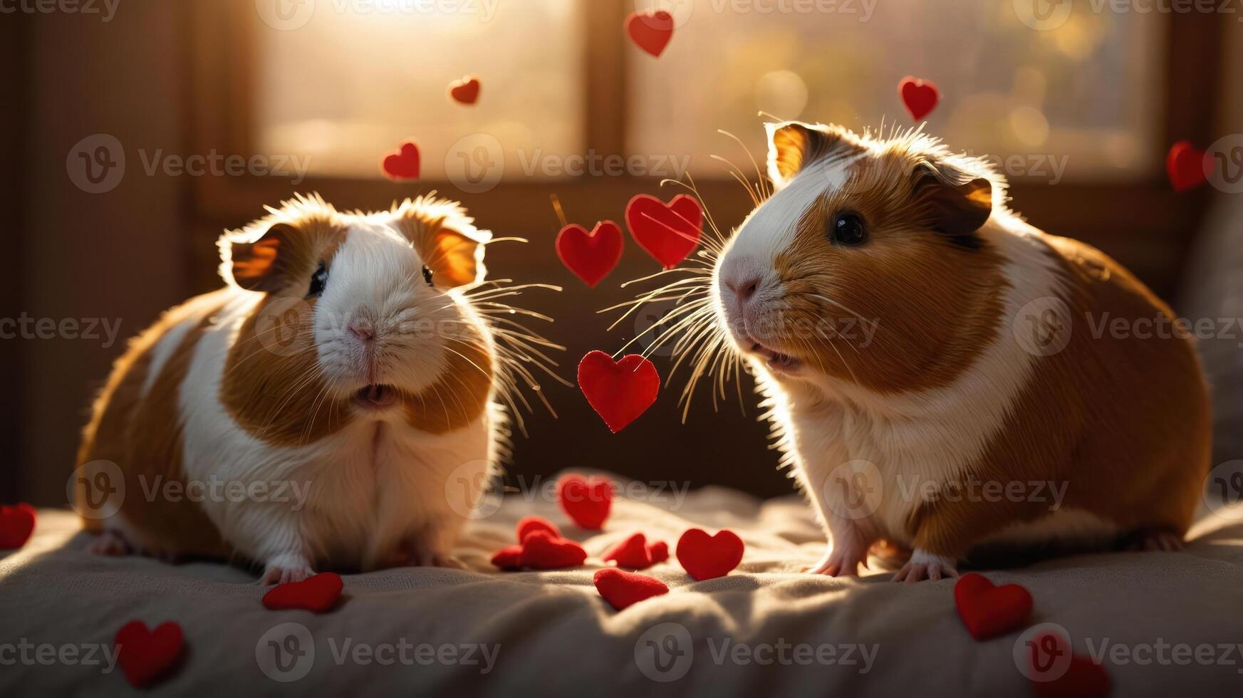 Two guinea pigs surrounded by floating red hearts, conveying a theme of love and affection. photo