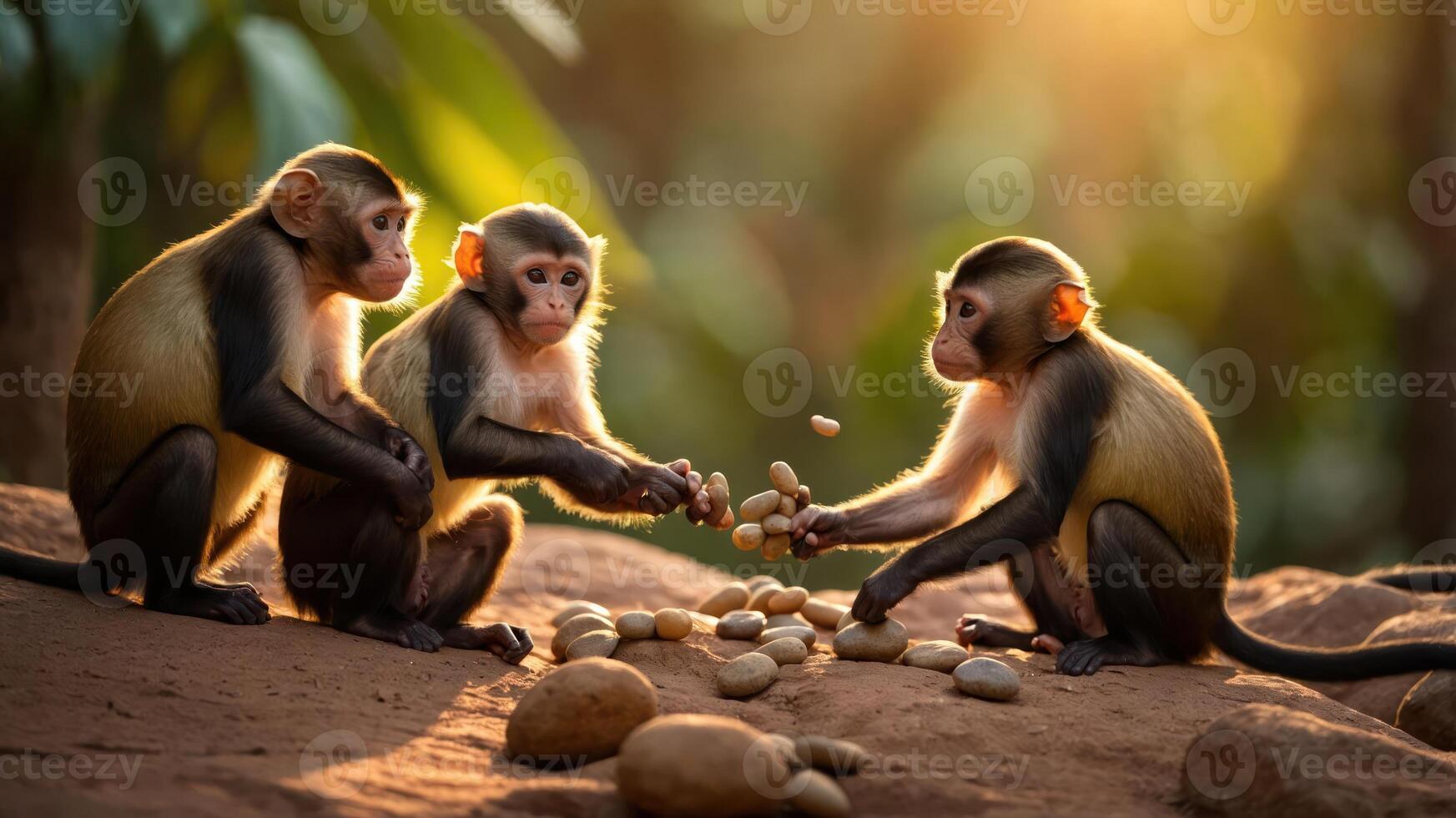 Three monkeys interacting and sharing seeds in a natural setting. photo